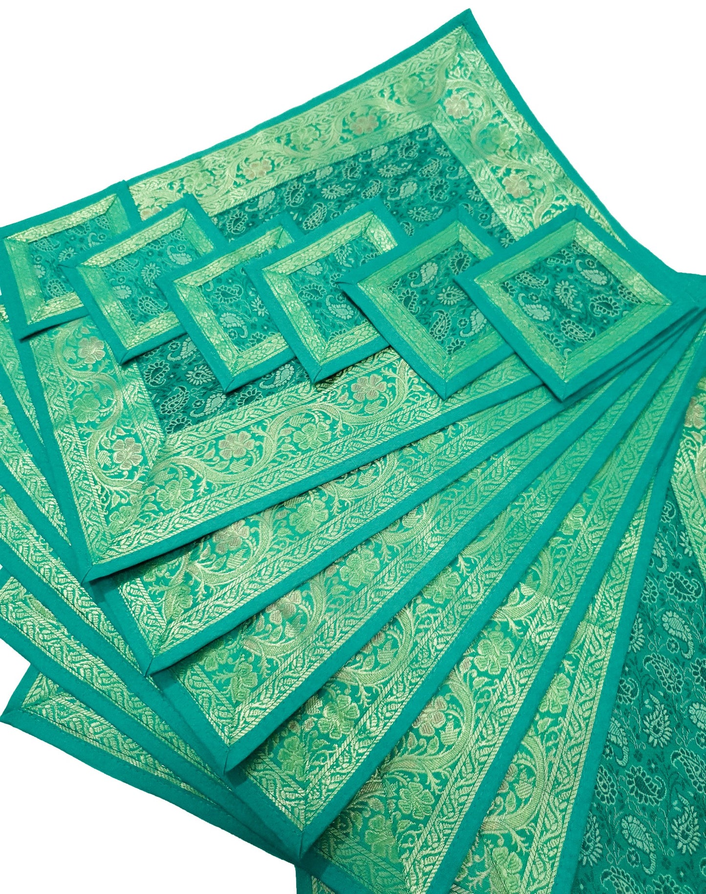 13 PC Table Runner Teal Green Indian Banarasi Silk Brocade Paisley Dining Decor