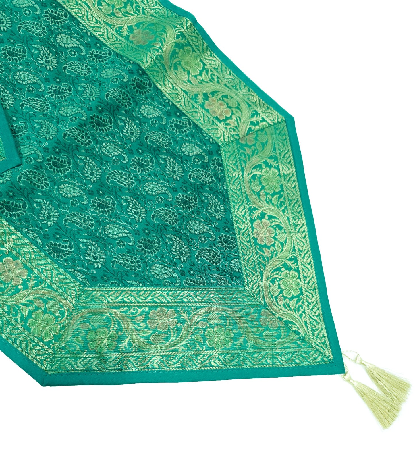 13 PC Table Runner Teal Green Indian Banarasi Silk Brocade Paisley Dining Decor