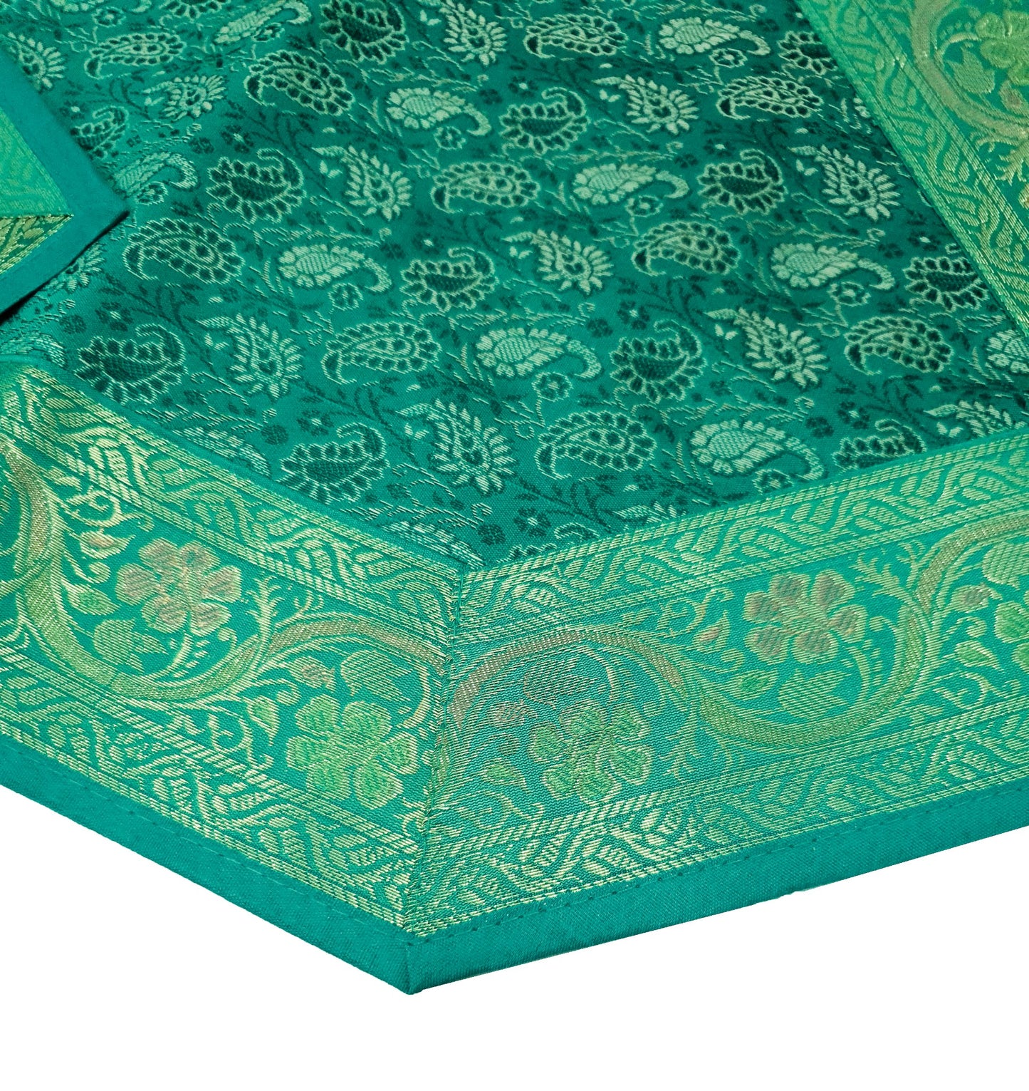 13 PC Table Runner Teal Green Indian Banarasi Silk Brocade Paisley Dining Decor