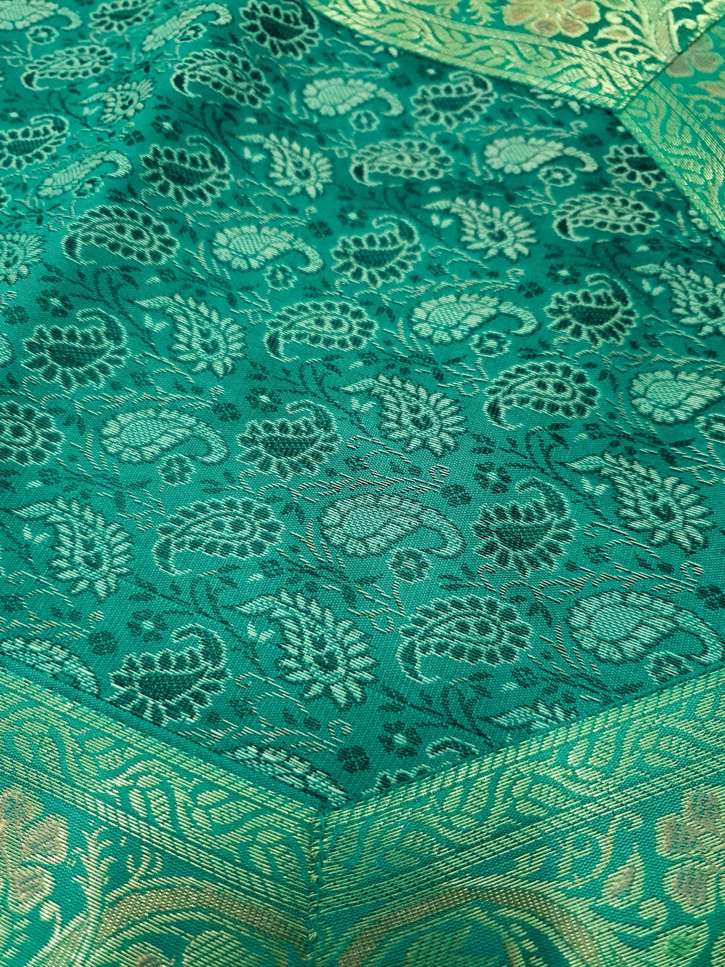 13 PC Table Runner Teal Green Indian Banarasi Silk Brocade Paisley Dining Decor
