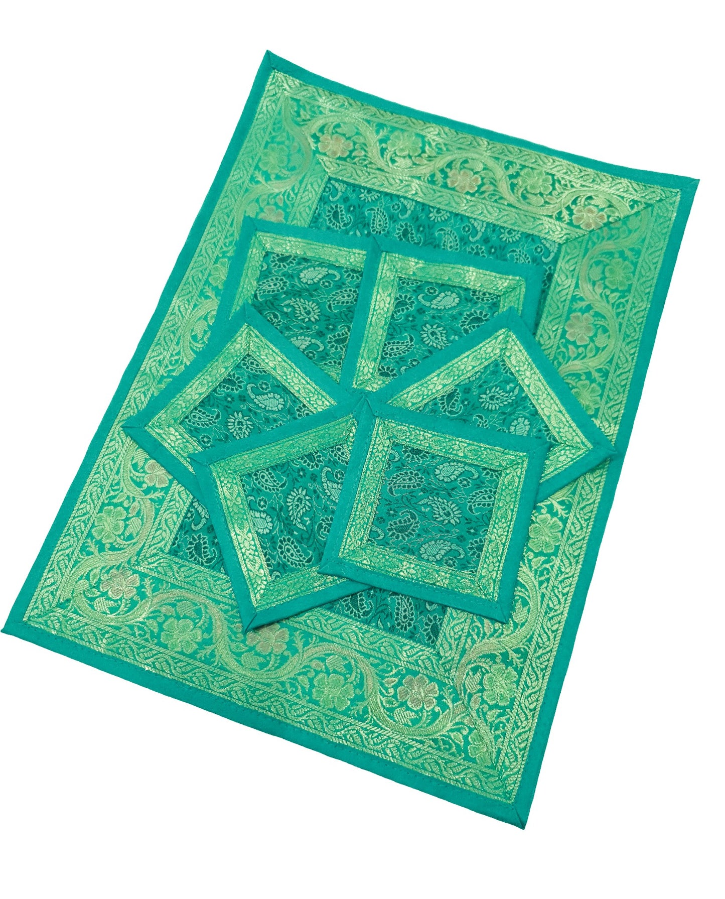 13 PC Table Runner Teal Green Indian Banarasi Silk Brocade Paisley Dining Decor