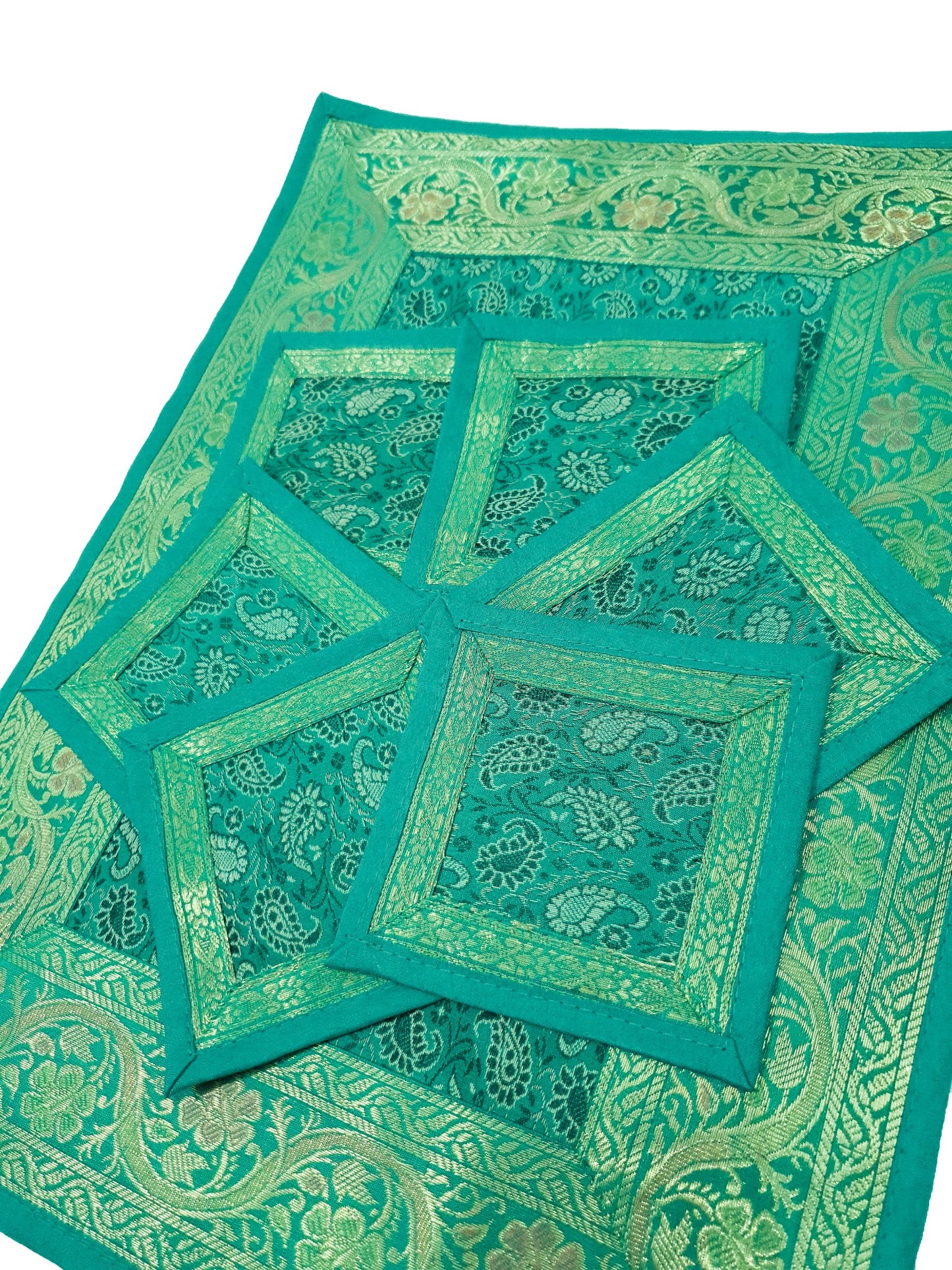13 PC Table Runner Teal Green Indian Banarasi Silk Brocade Paisley Dining Decor