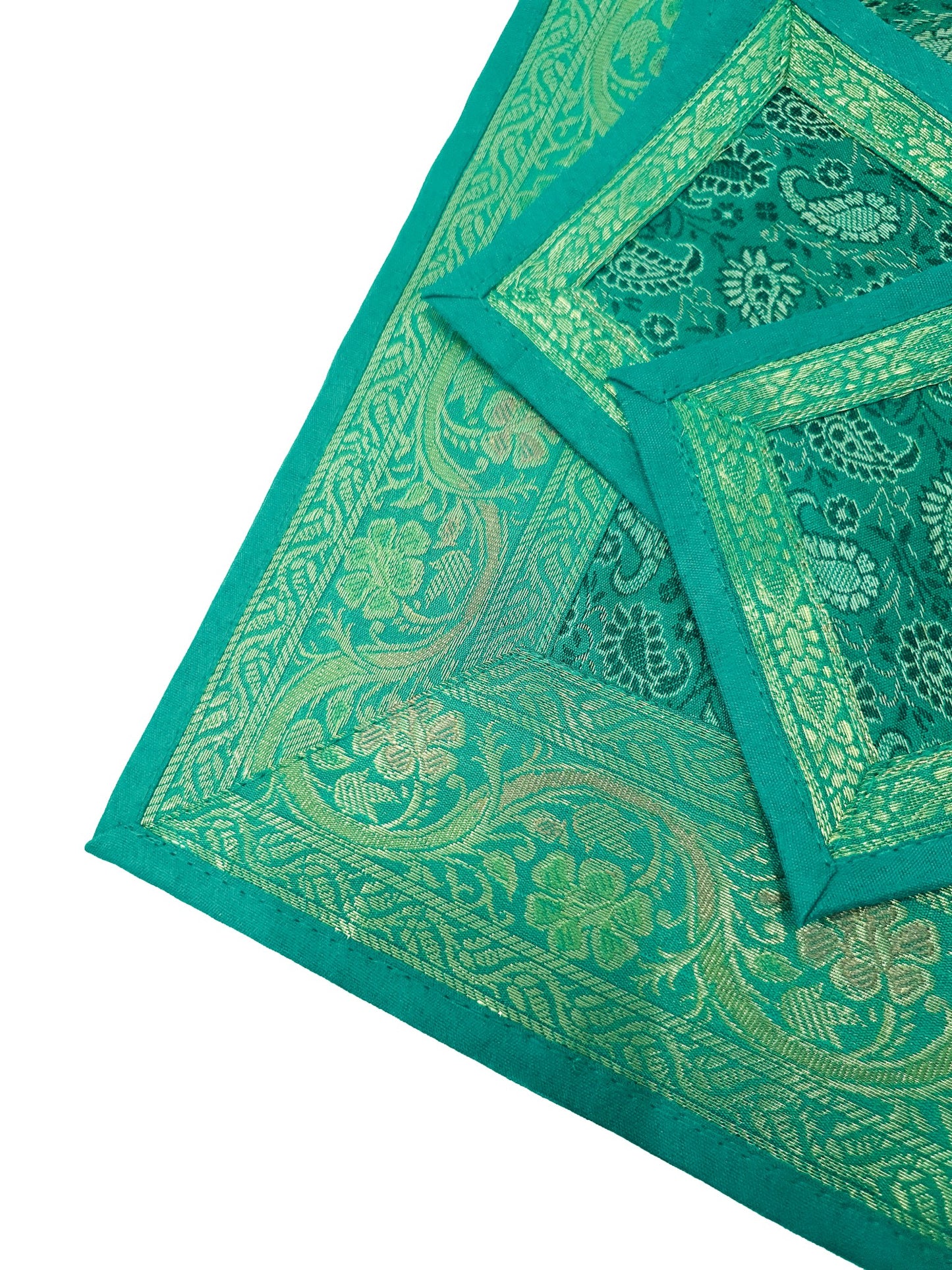 13 PC Table Runner Teal Green Indian Banarasi Silk Brocade Paisley Dining Decor