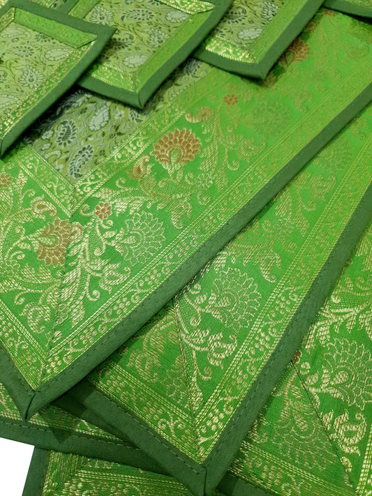 13 PC Indian Green Table Runner Dining Decor Banarasi Silk Brocade Paisley Gift