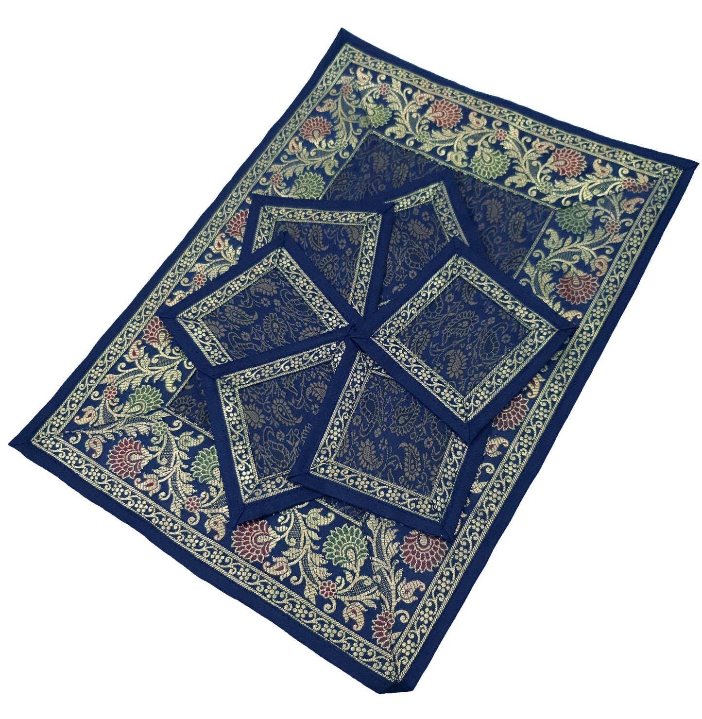 13 PC Indian Banarasi Silk Brocade Paisley Table Runner Dark Blue Dining Decor