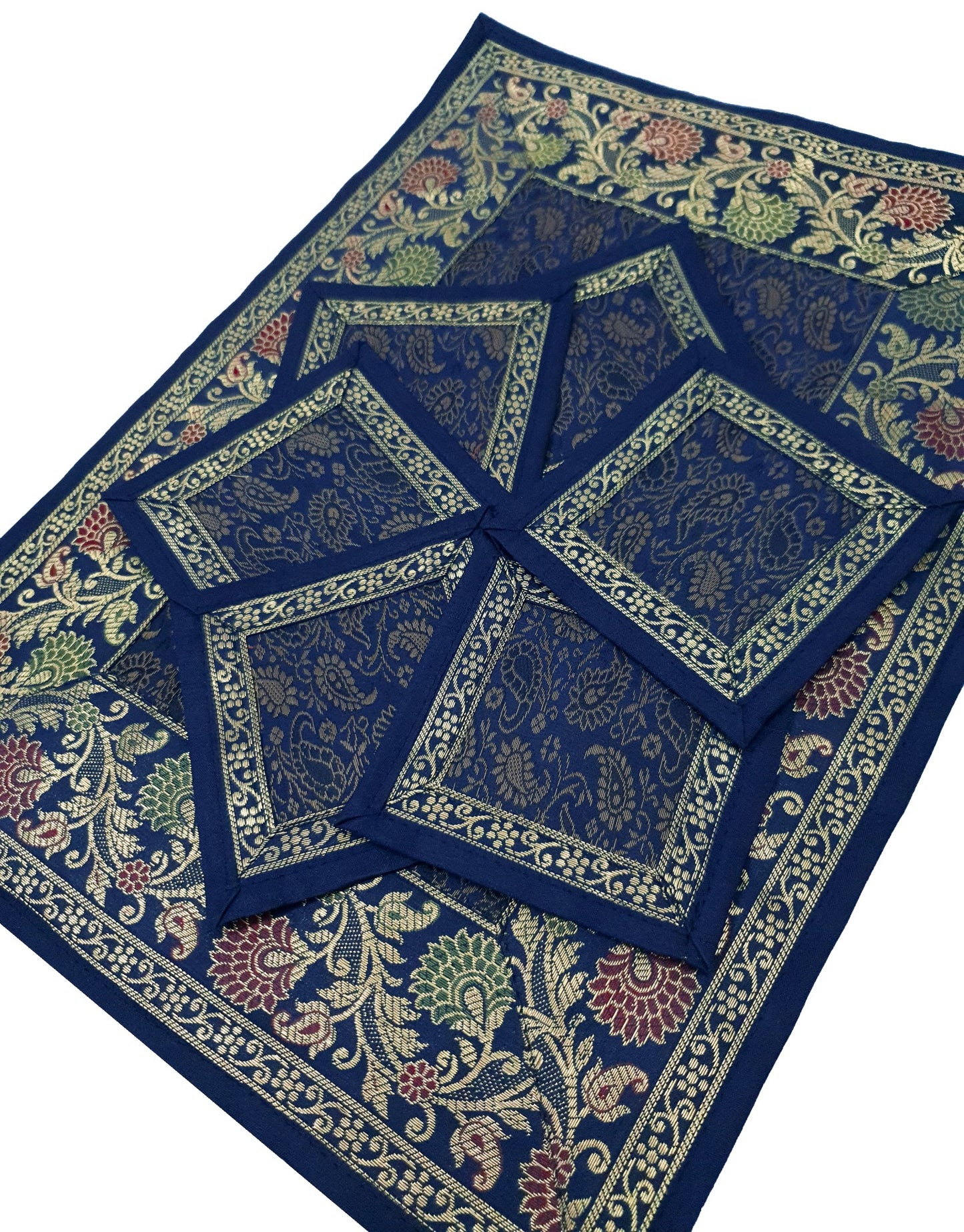 13 PC Indian Banarasi Silk Brocade Paisley Table Runner Dark Blue Dining Decor