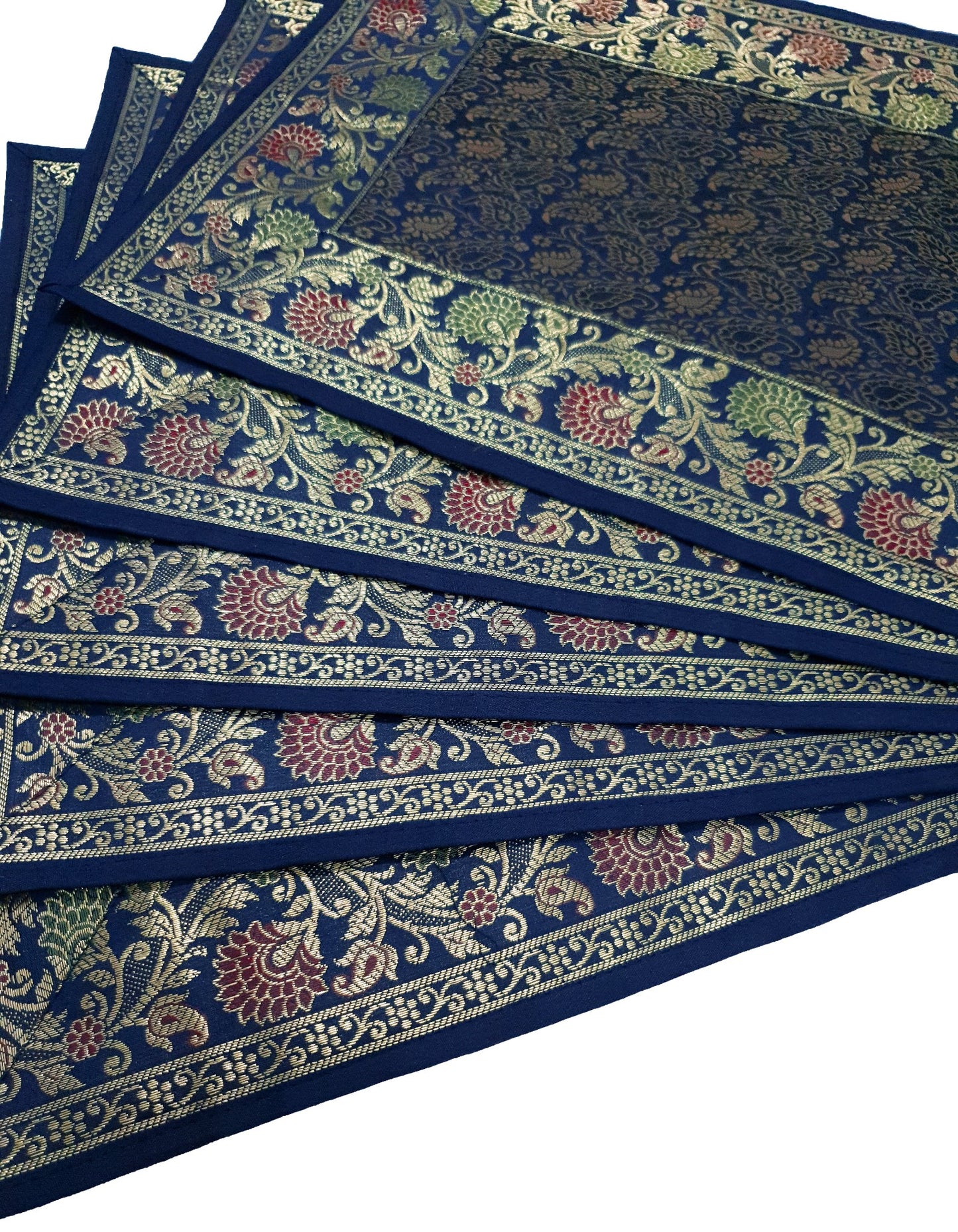 13 PC Indian Banarasi Silk Brocade Paisley Table Runner Dark Blue Dining Decor