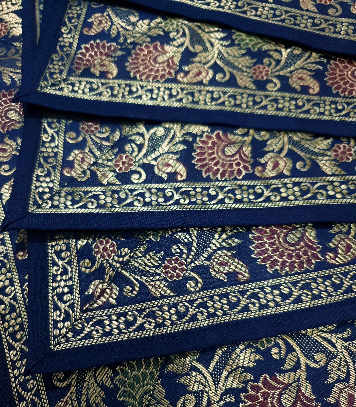 13 PC Indian Banarasi Silk Brocade Paisley Table Runner Dark Blue Dining Decor