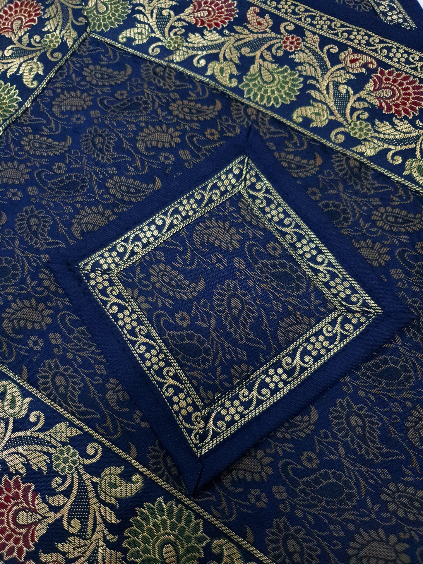 13 PC Indian Banarasi Silk Brocade Paisley Table Runner Dark Blue Dining Decor