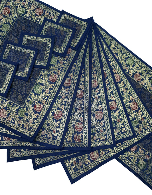 13 PC Indian Banarasi Silk Brocade Paisley Table Runner Dark Blue Dining Decor