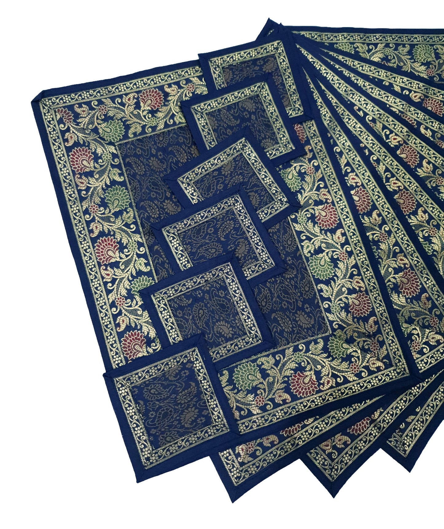 13 PC Indian Banarasi Silk Brocade Paisley Table Runner Dark Blue Dining Decor
