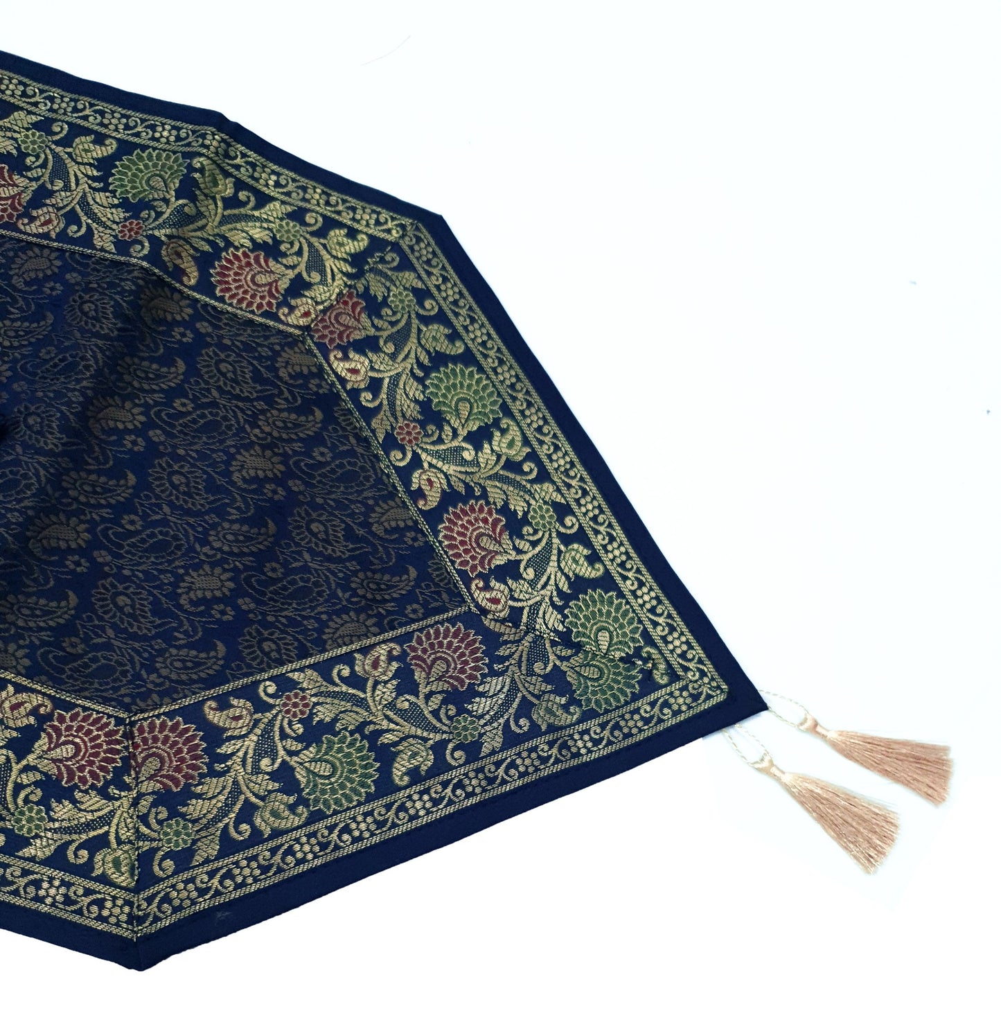 13 PC Indian Banarasi Silk Brocade Paisley Table Runner Dark Blue Dining Decor