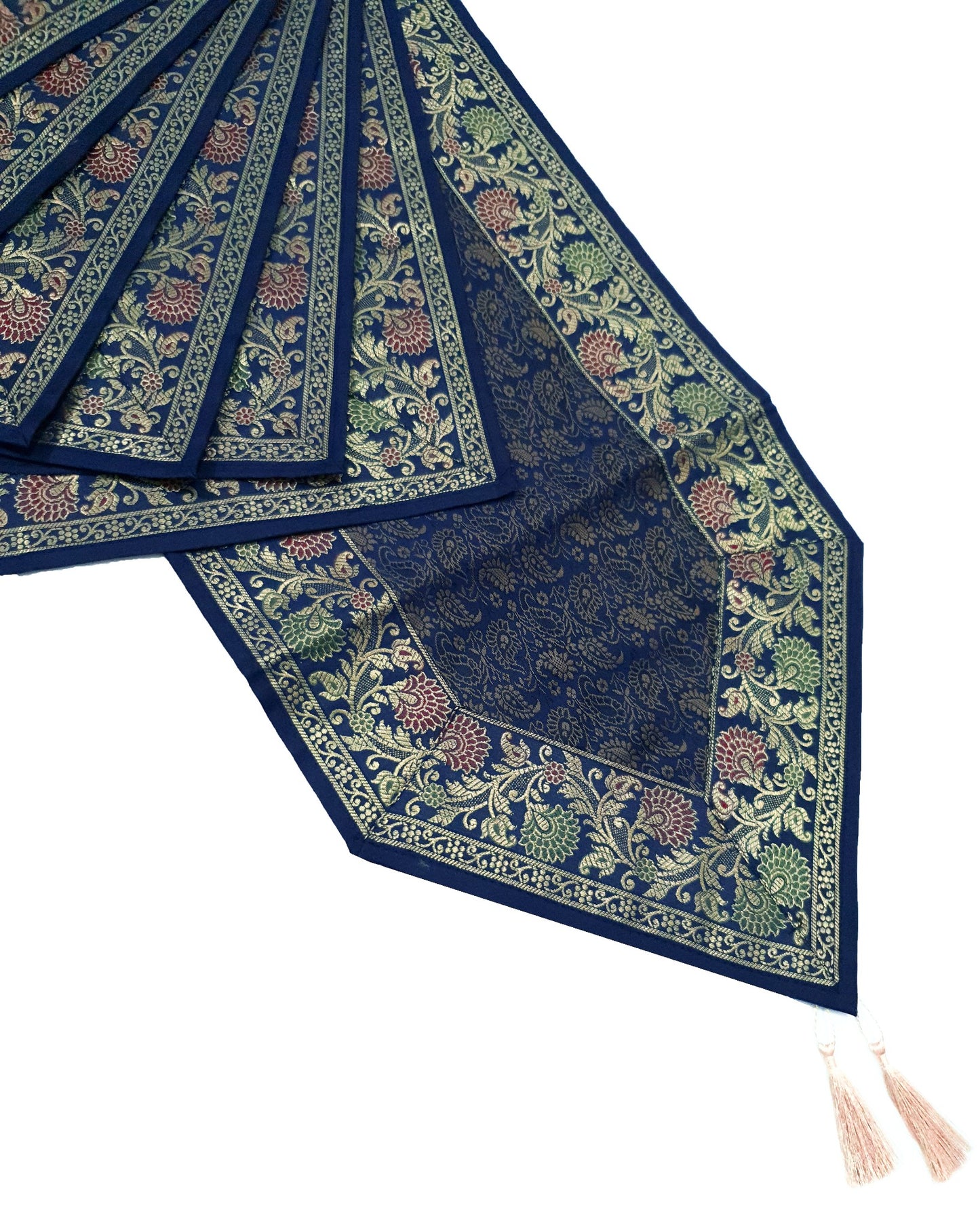 13 PC Indian Banarasi Silk Brocade Paisley Table Runner Dark Blue Dining Decor