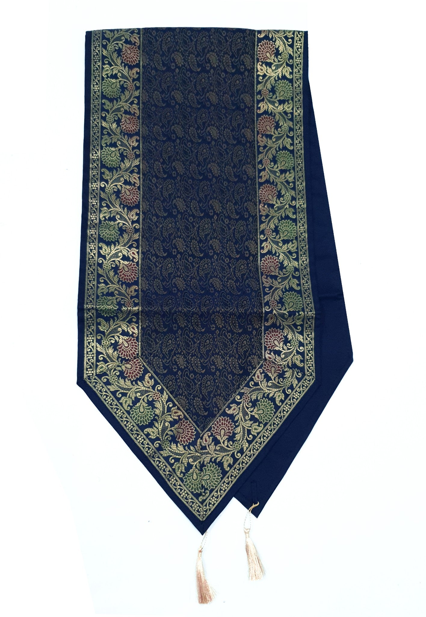 13 PC Indian Banarasi Silk Brocade Paisley Table Runner Dark Blue Dining Decor