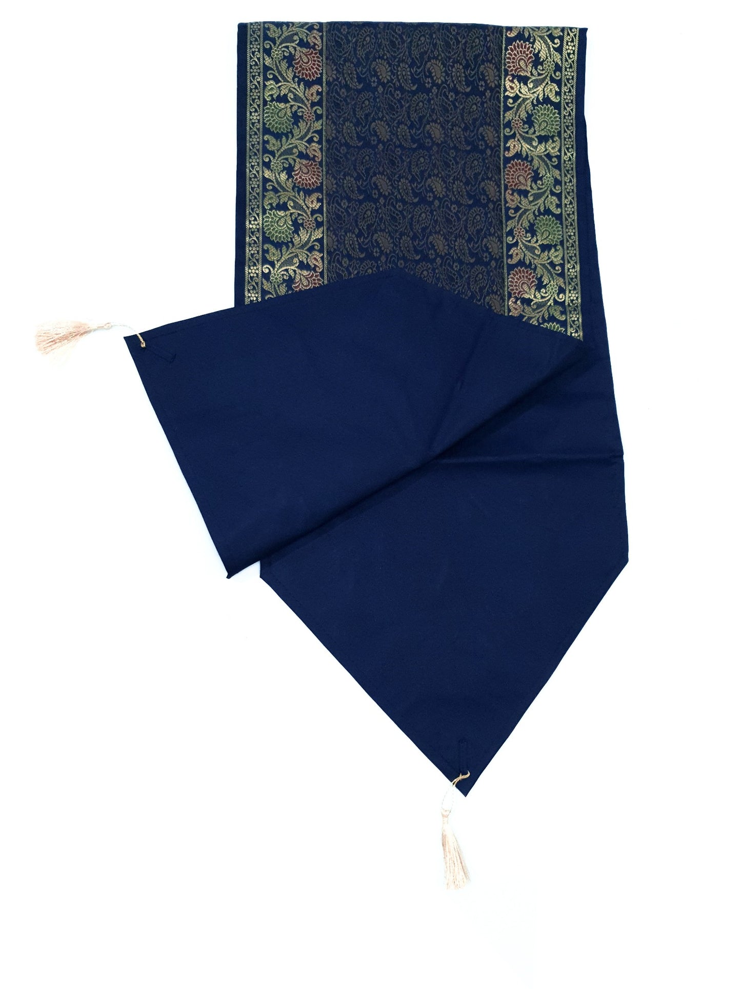 13 PC Indian Banarasi Silk Brocade Paisley Table Runner Dark Blue Dining Decor