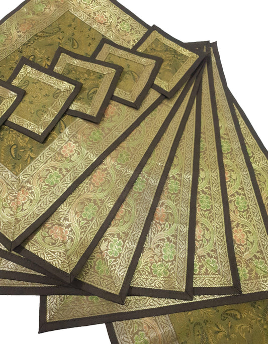 13 PC Indian Banarasi Silk Brocade Paisley Table Runner Dining Decor Gift Cloth