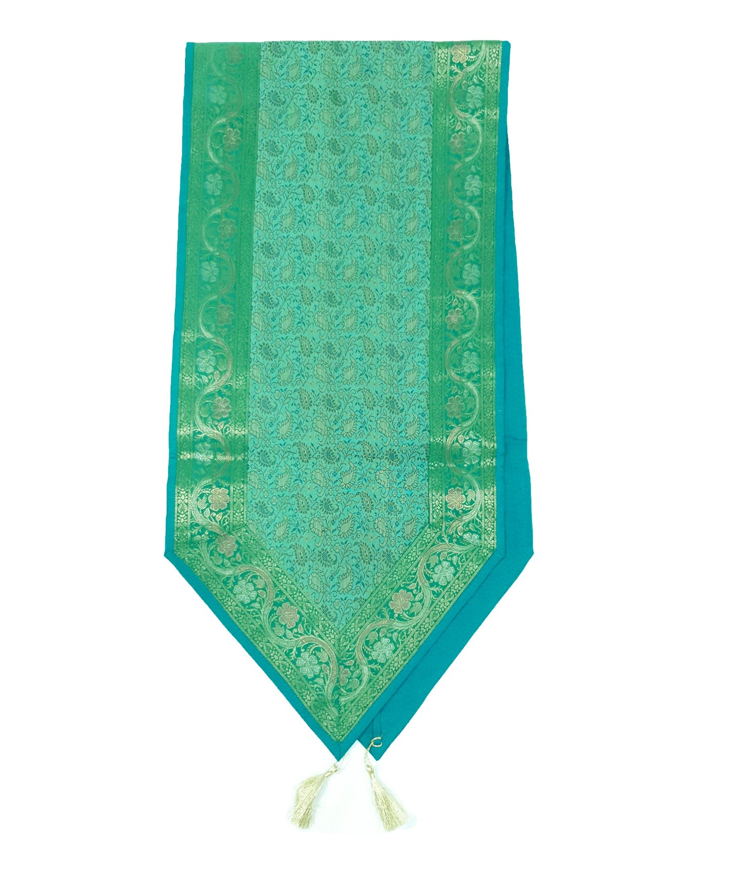 13 PC Aqua Green Banarasi Silk Table Runner – Indian Brocade Paisley Decor Gift