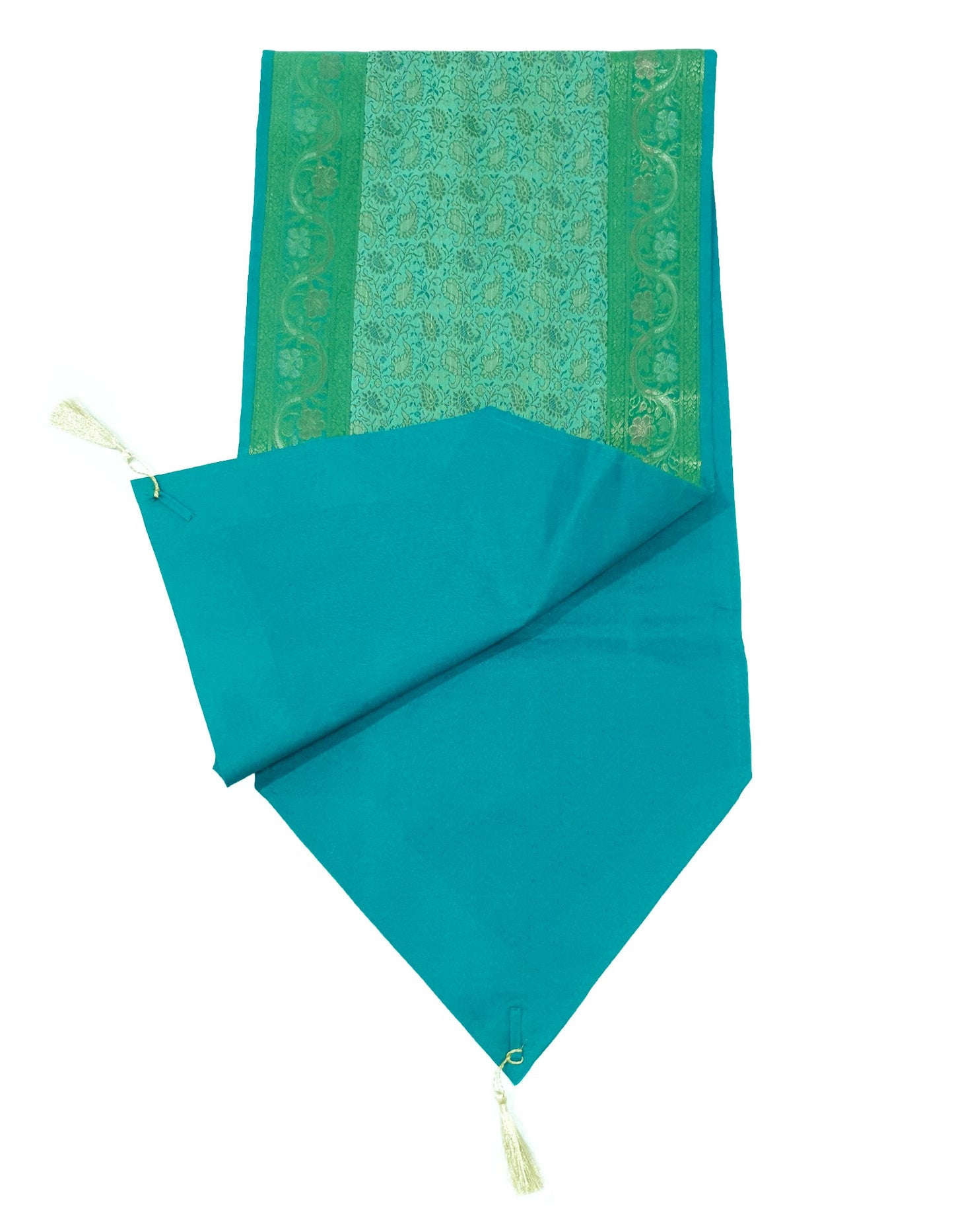 13 PC Aqua Green Banarasi Silk Table Runner – Indian Brocade Paisley Decor Gift