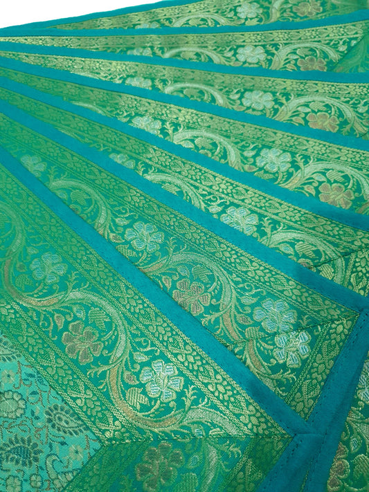13 PC Aqua Green Banarasi Silk Table Runner – Indian Brocade Paisley Decor Gift