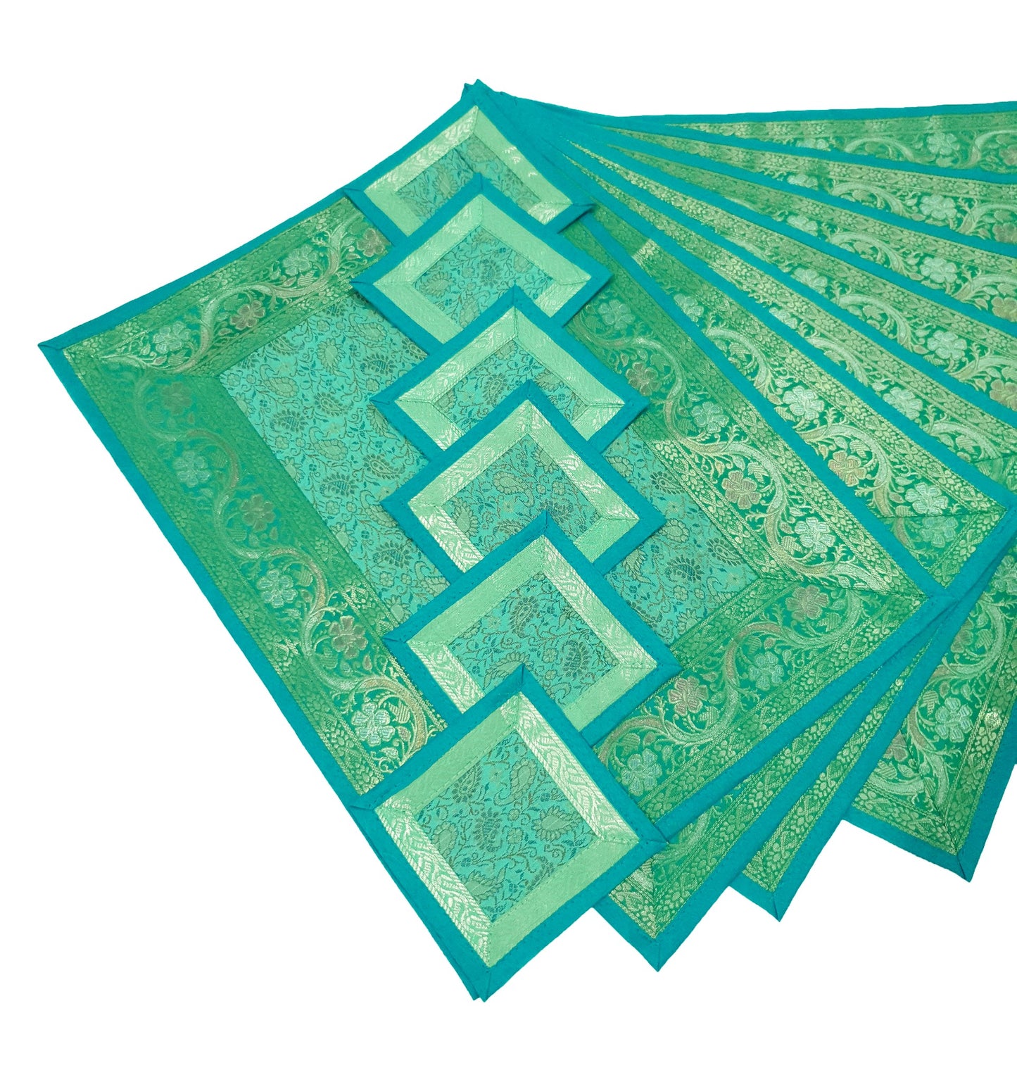 13 PC Aqua Green Banarasi Silk Table Runner – Indian Brocade Paisley Decor Gift