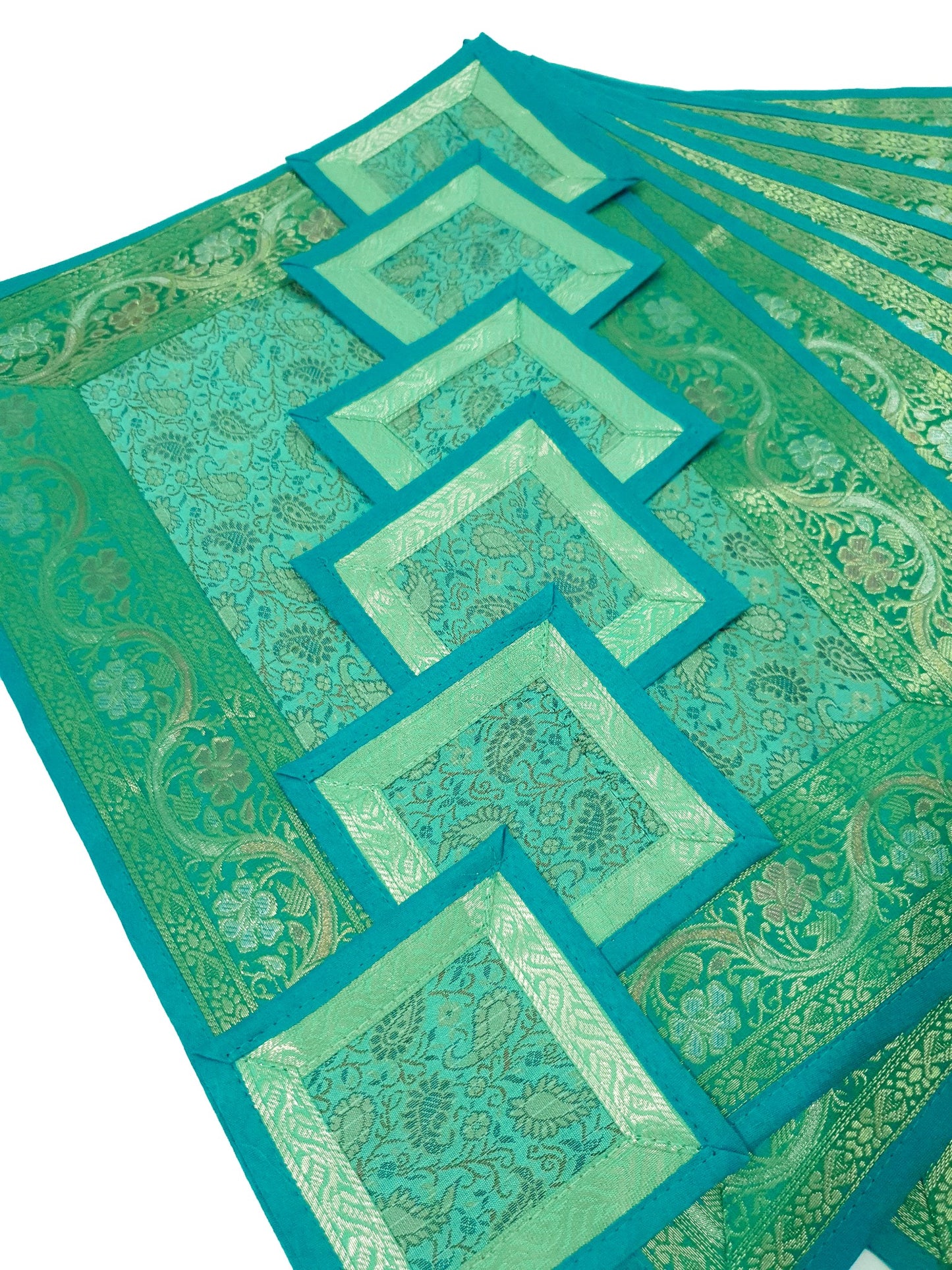 13 PC Aqua Green Banarasi Silk Table Runner – Indian Brocade Paisley Decor Gift