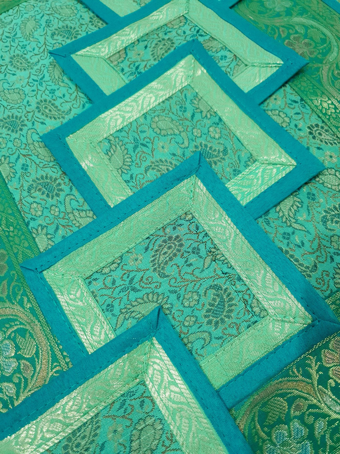 13 PC Aqua Green Banarasi Silk Table Runner – Indian Brocade Paisley Decor Gift