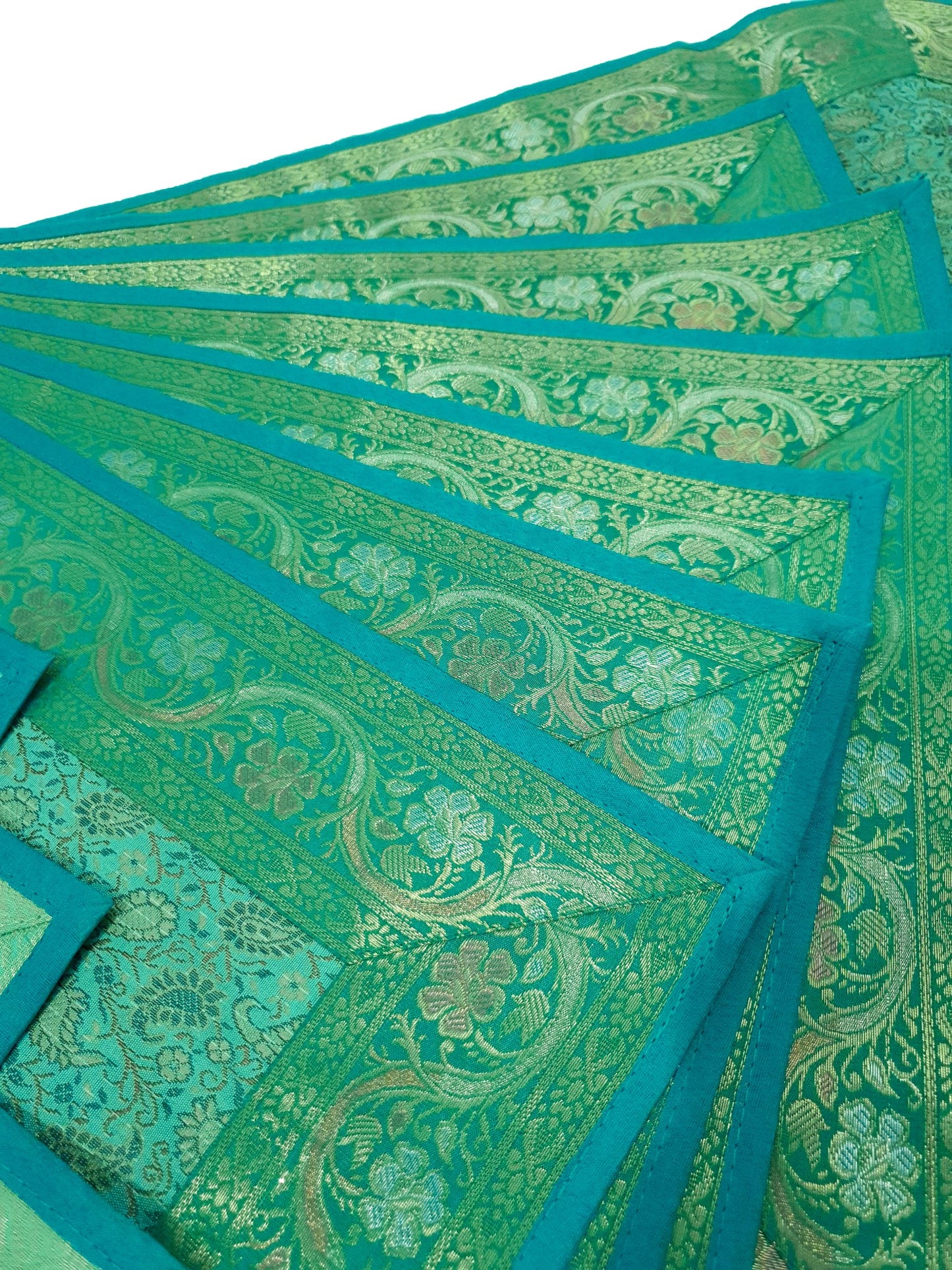 13 PC Aqua Green Banarasi Silk Table Runner – Indian Brocade Paisley Decor Gift