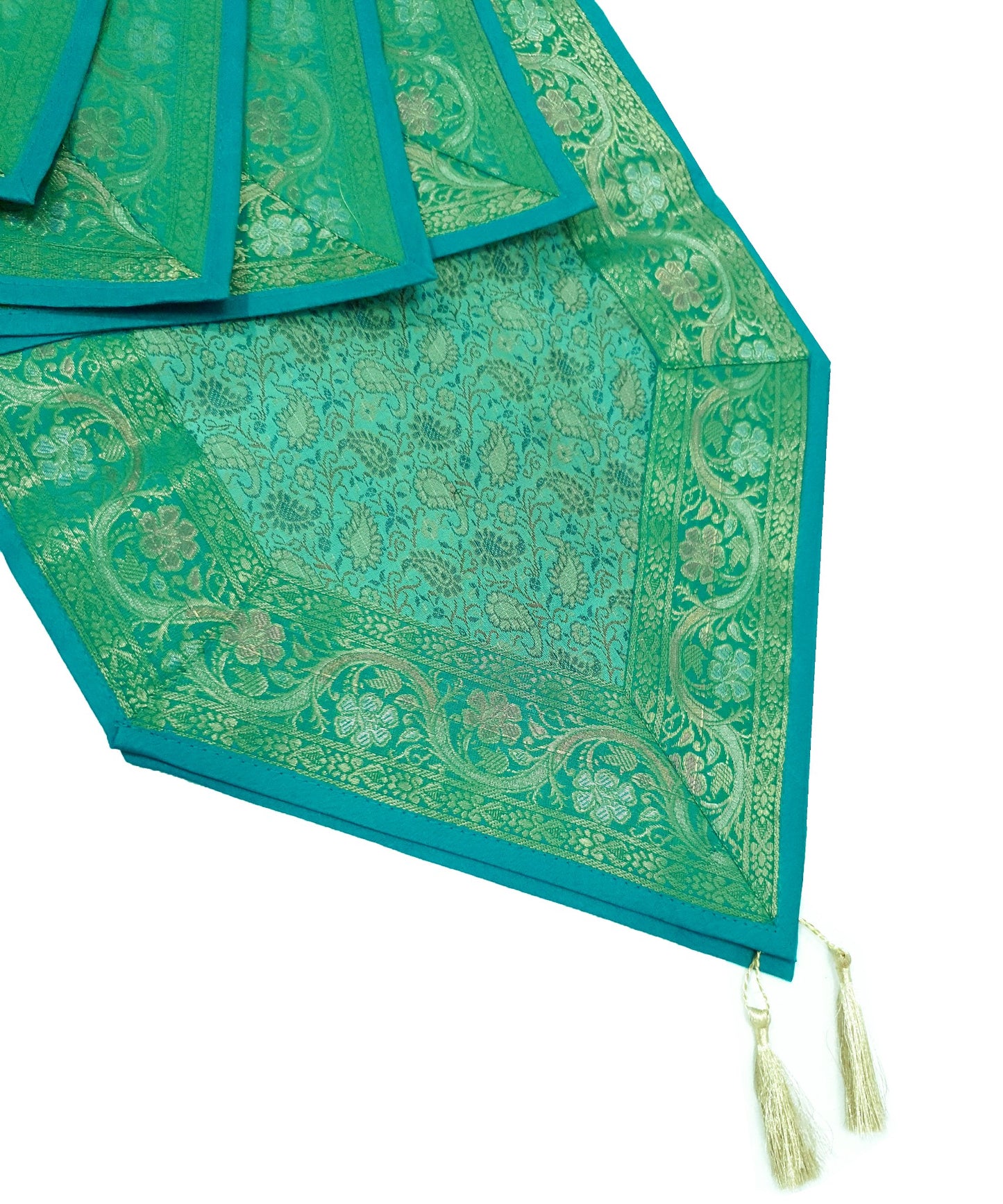 13 PC Aqua Green Banarasi Silk Table Runner – Indian Brocade Paisley Decor Gift