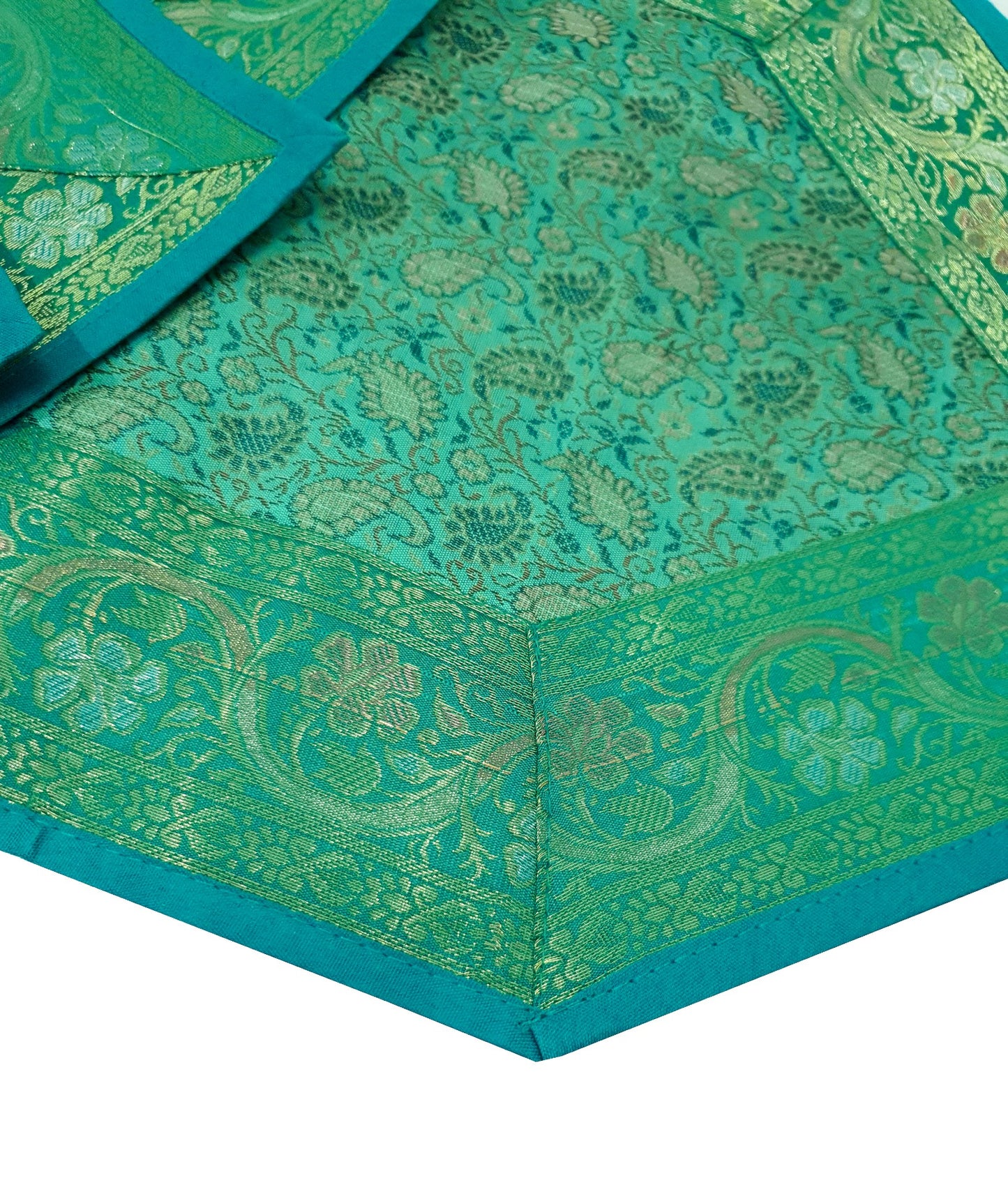 13 PC Aqua Green Banarasi Silk Table Runner – Indian Brocade Paisley Decor Gift