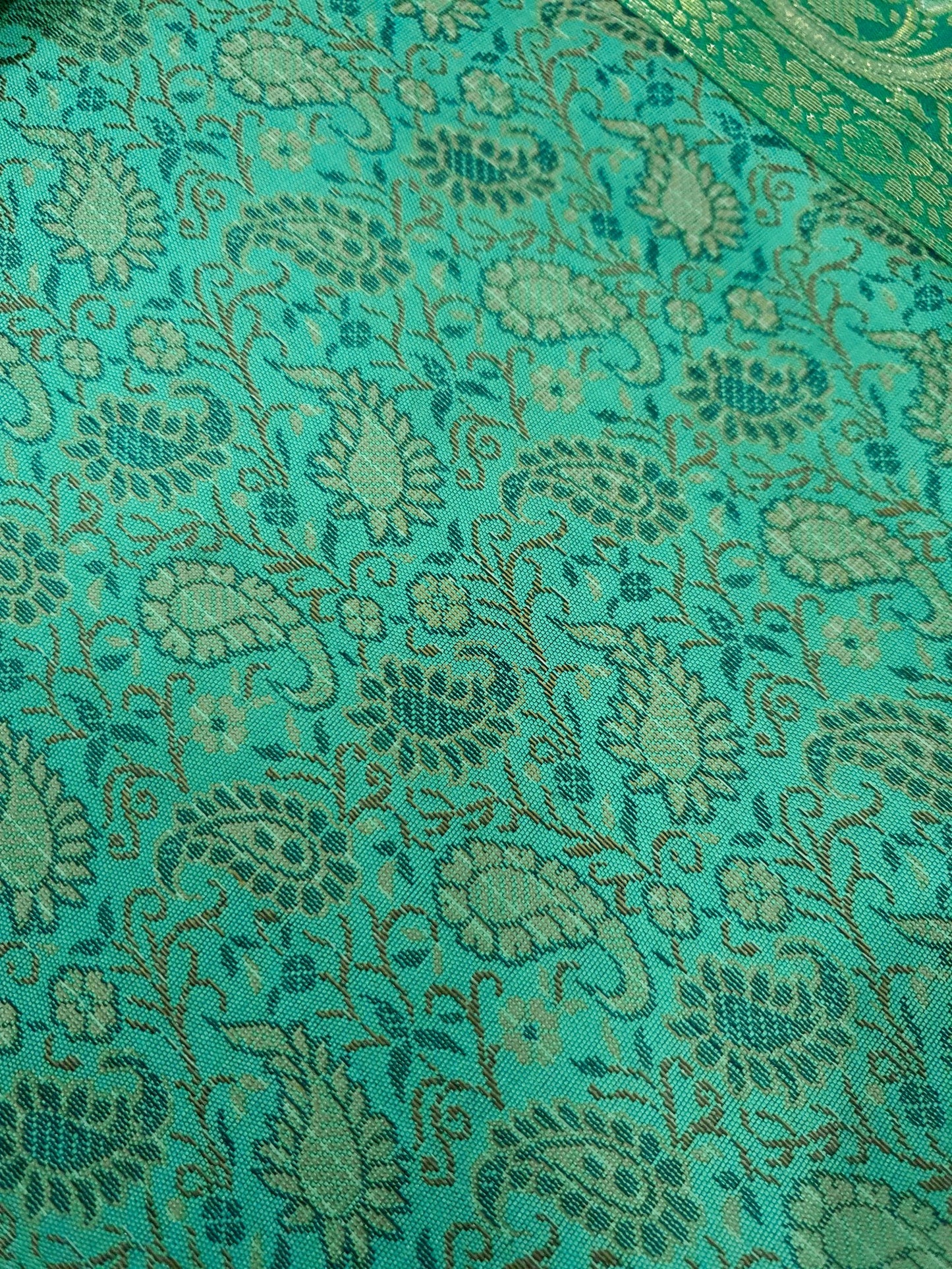 13 PC Aqua Green Banarasi Silk Table Runner – Indian Brocade Paisley Decor Gift