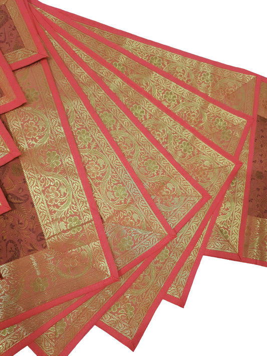 13 PC Coral Banarasi Silk Table Runner Indian Brocade Paisley Dining Decor Gift
