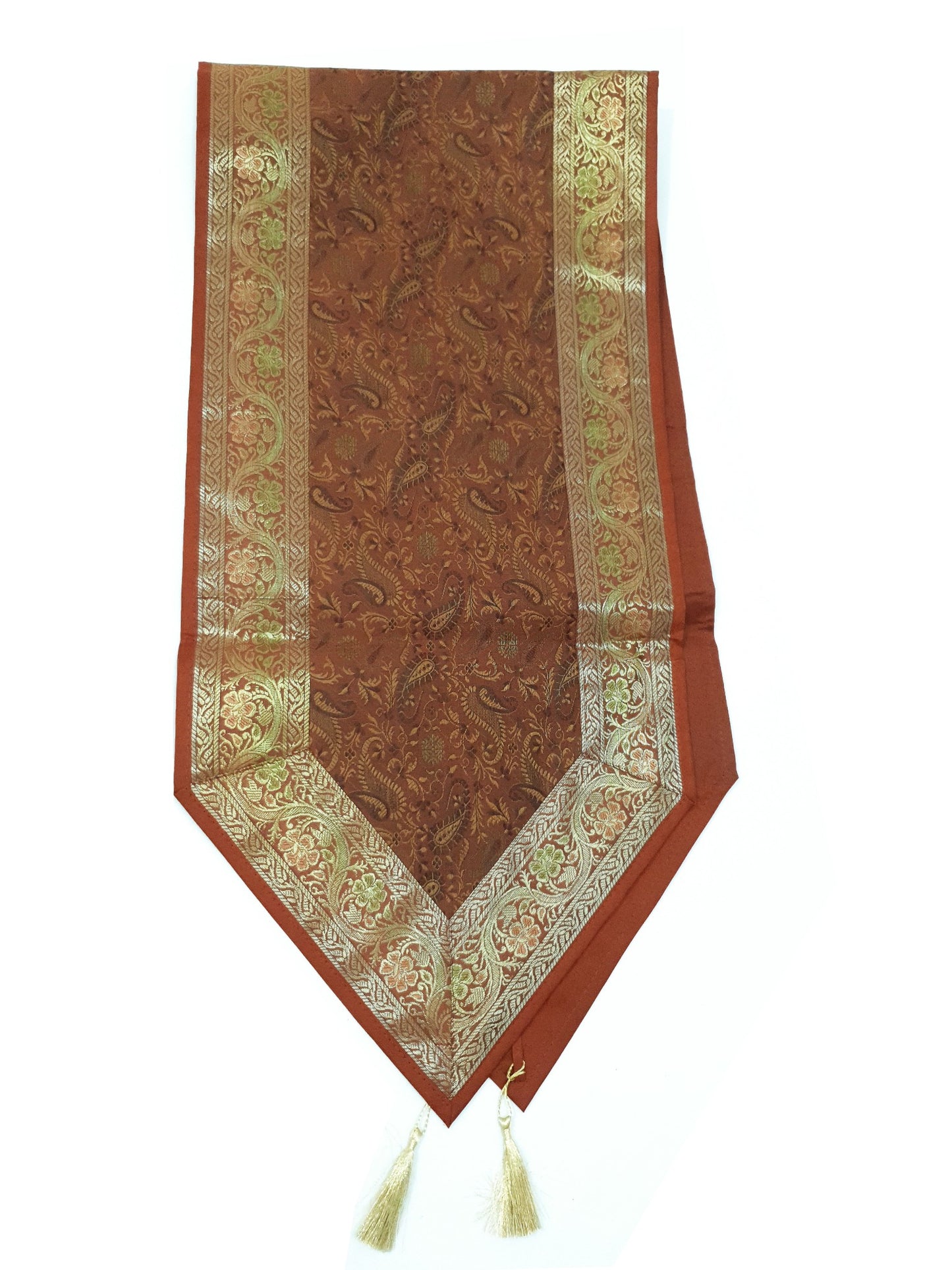 13 PC Indian Banarasi Silk Table Runner – Brown Brocade Paisley Decor Gift Cloth