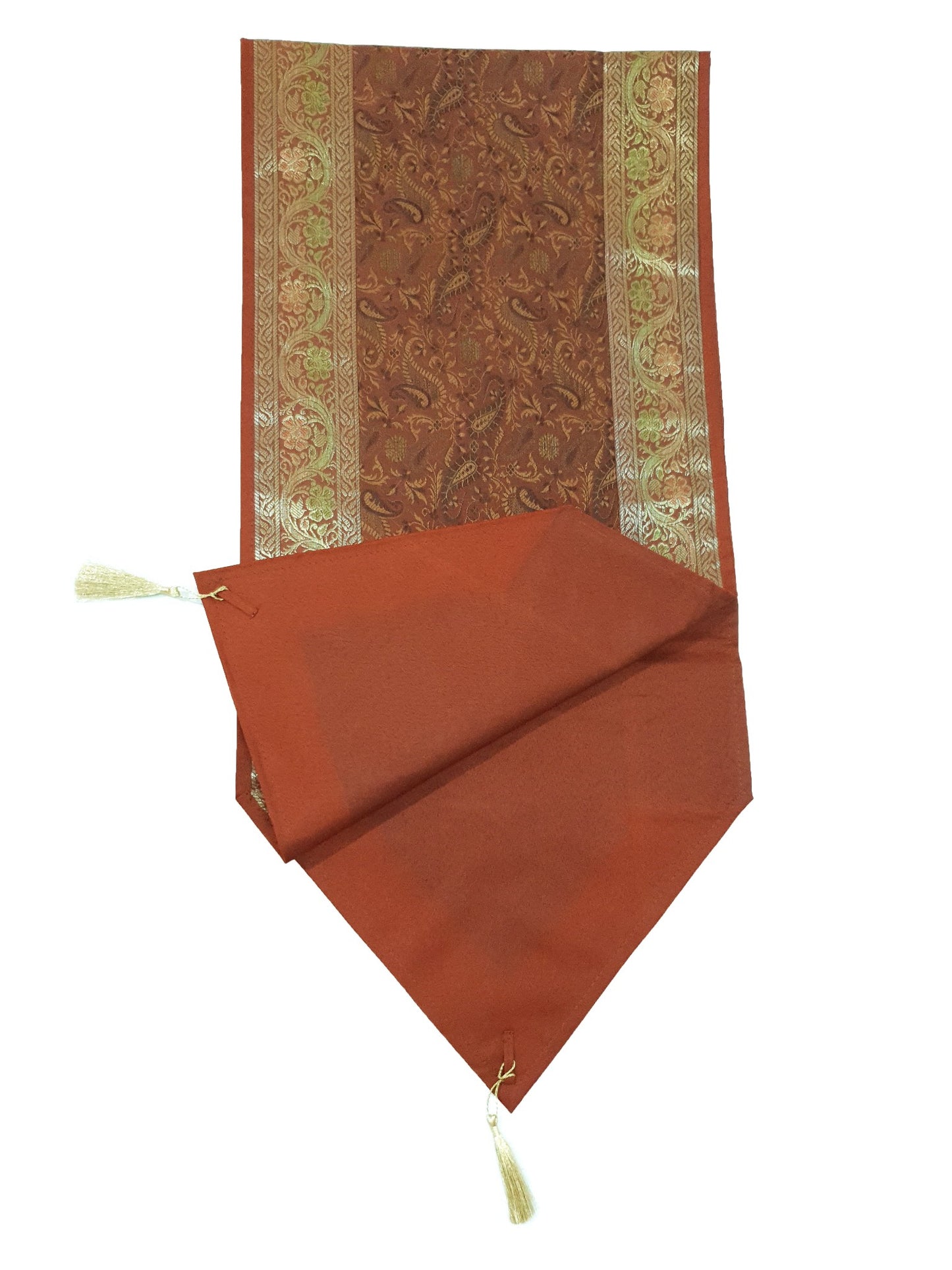 13 PC Indian Banarasi Silk Table Runner – Brown Brocade Paisley Decor Gift Cloth