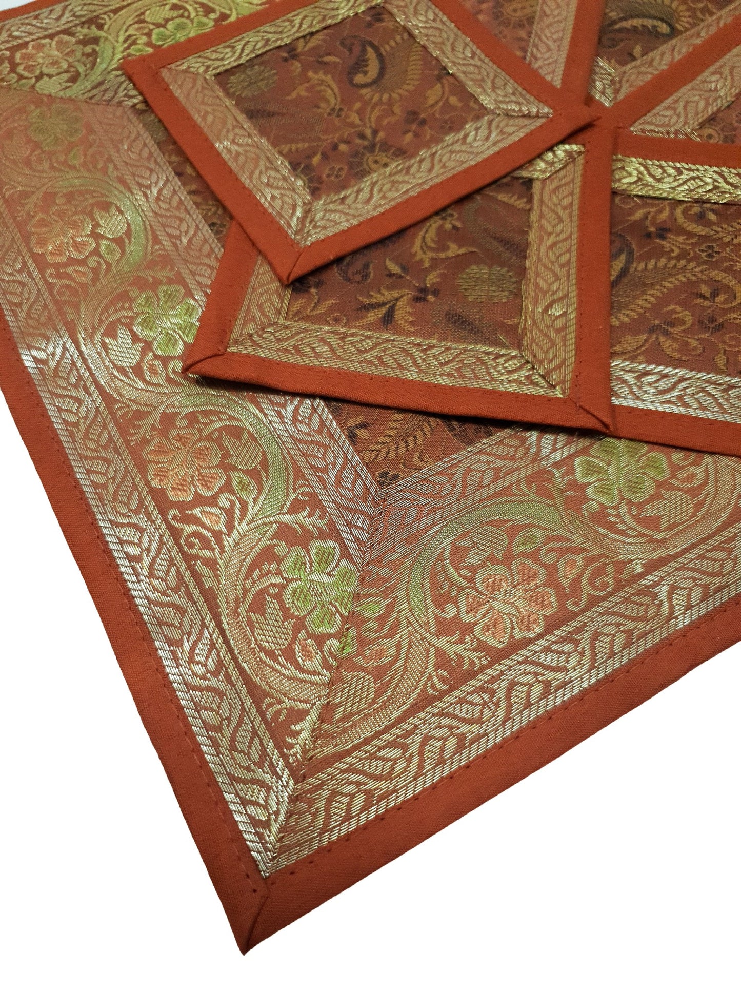 13 PC Indian Banarasi Silk Table Runner – Brown Brocade Paisley Decor Gift Cloth