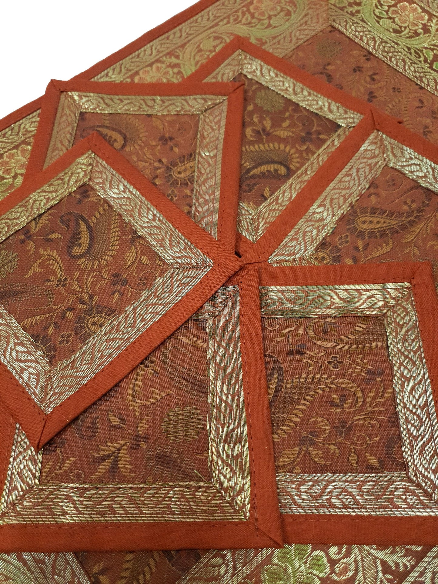 13 PC Indian Banarasi Silk Table Runner – Brown Brocade Paisley Decor Gift Cloth