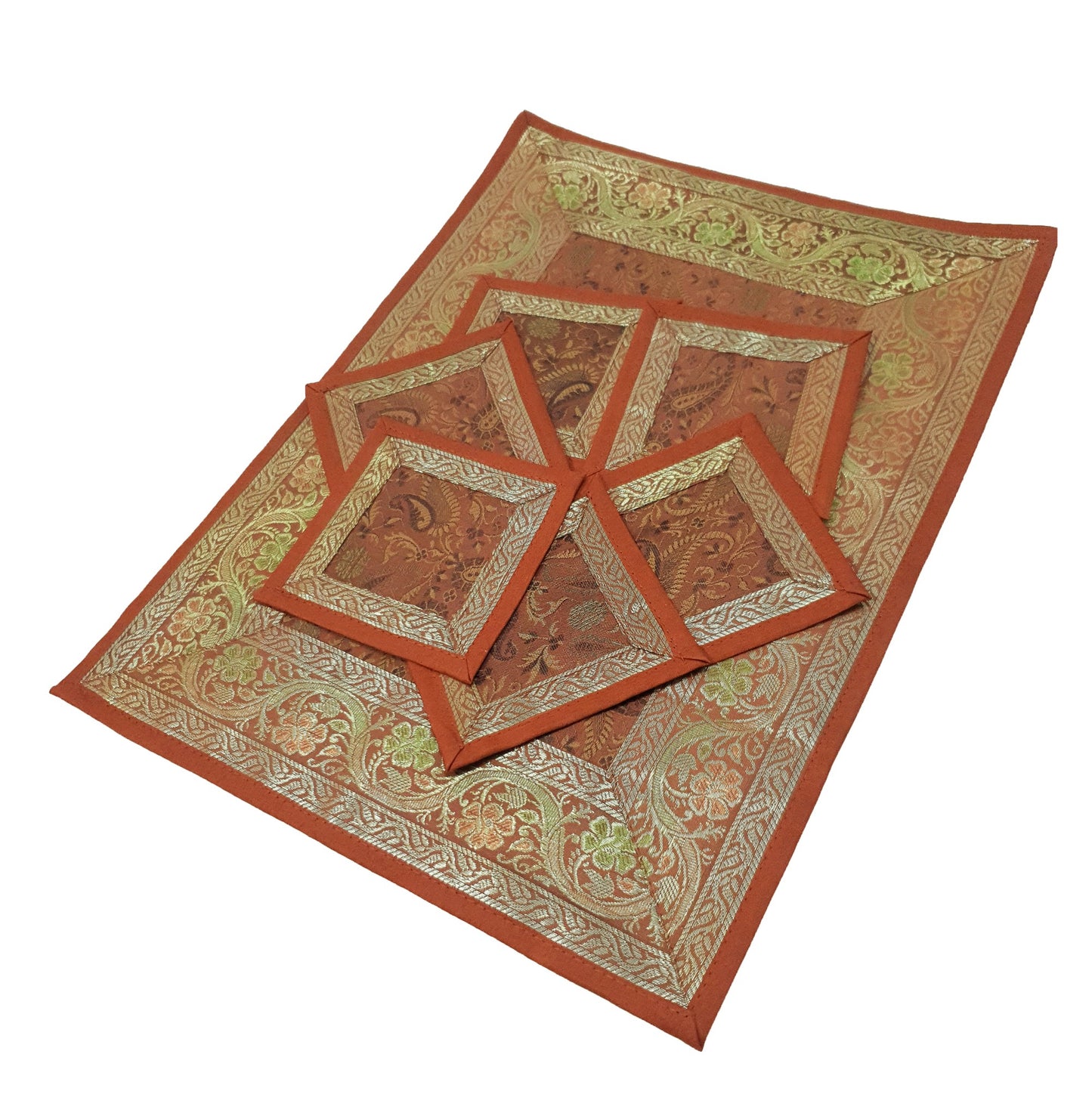 13 PC Indian Banarasi Silk Table Runner – Brown Brocade Paisley Decor Gift Cloth
