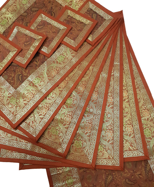 13 PC Indian Banarasi Silk Table Runner – Brown Brocade Paisley Decor Gift Cloth