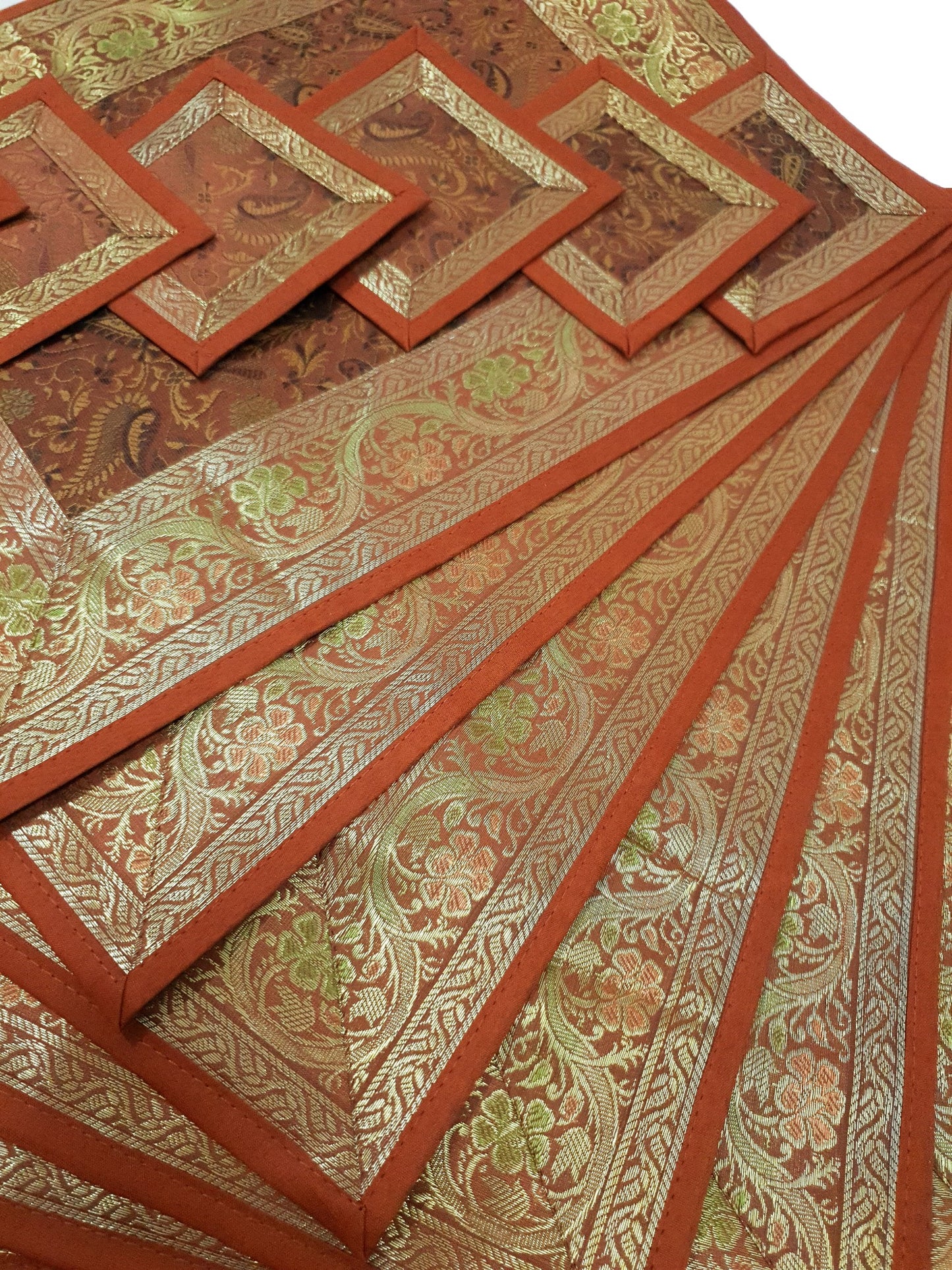 13 PC Indian Banarasi Silk Table Runner – Brown Brocade Paisley Decor Gift Cloth