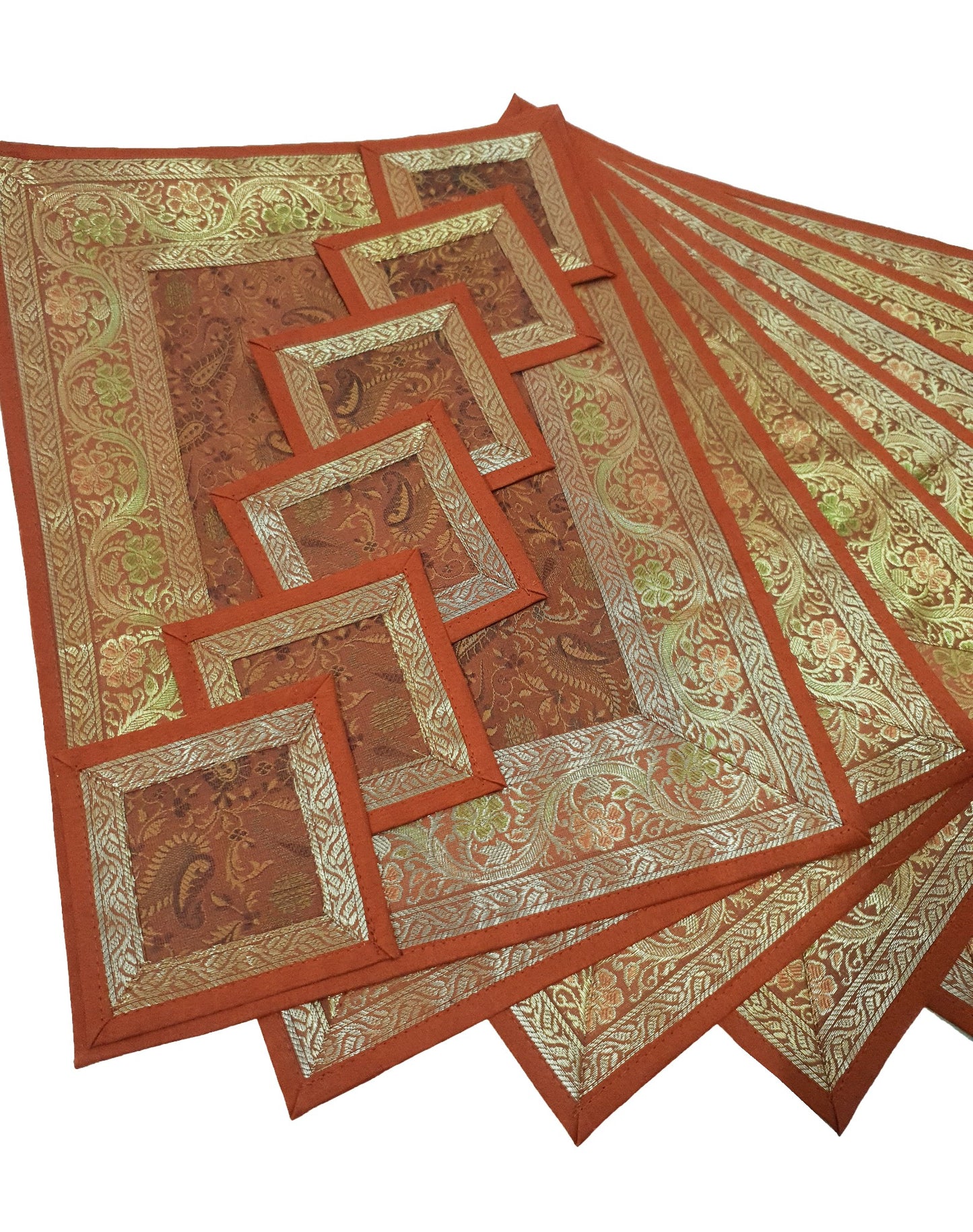 13 PC Indian Banarasi Silk Table Runner – Brown Brocade Paisley Decor Gift Cloth