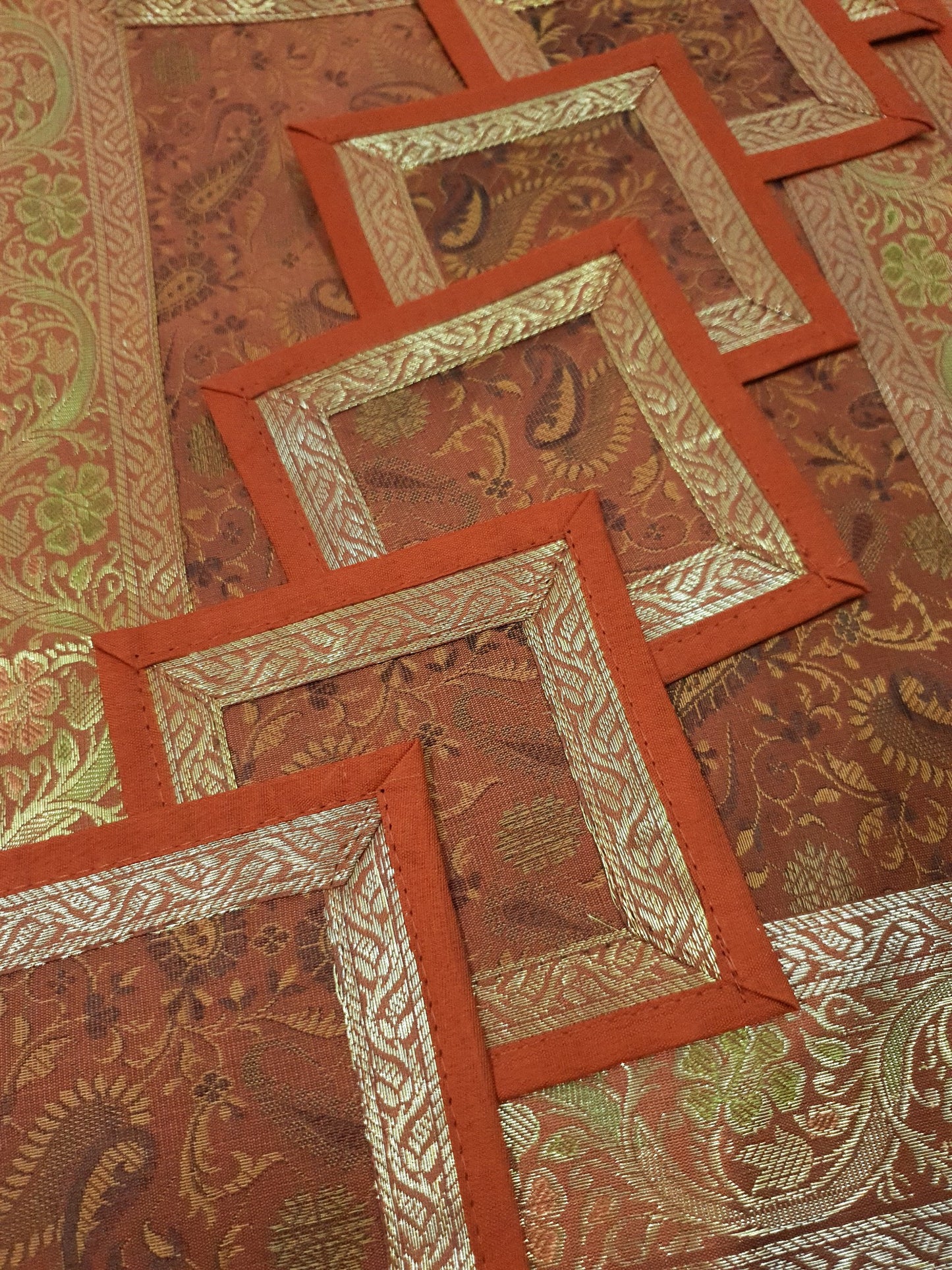 13 PC Indian Banarasi Silk Table Runner – Brown Brocade Paisley Decor Gift Cloth