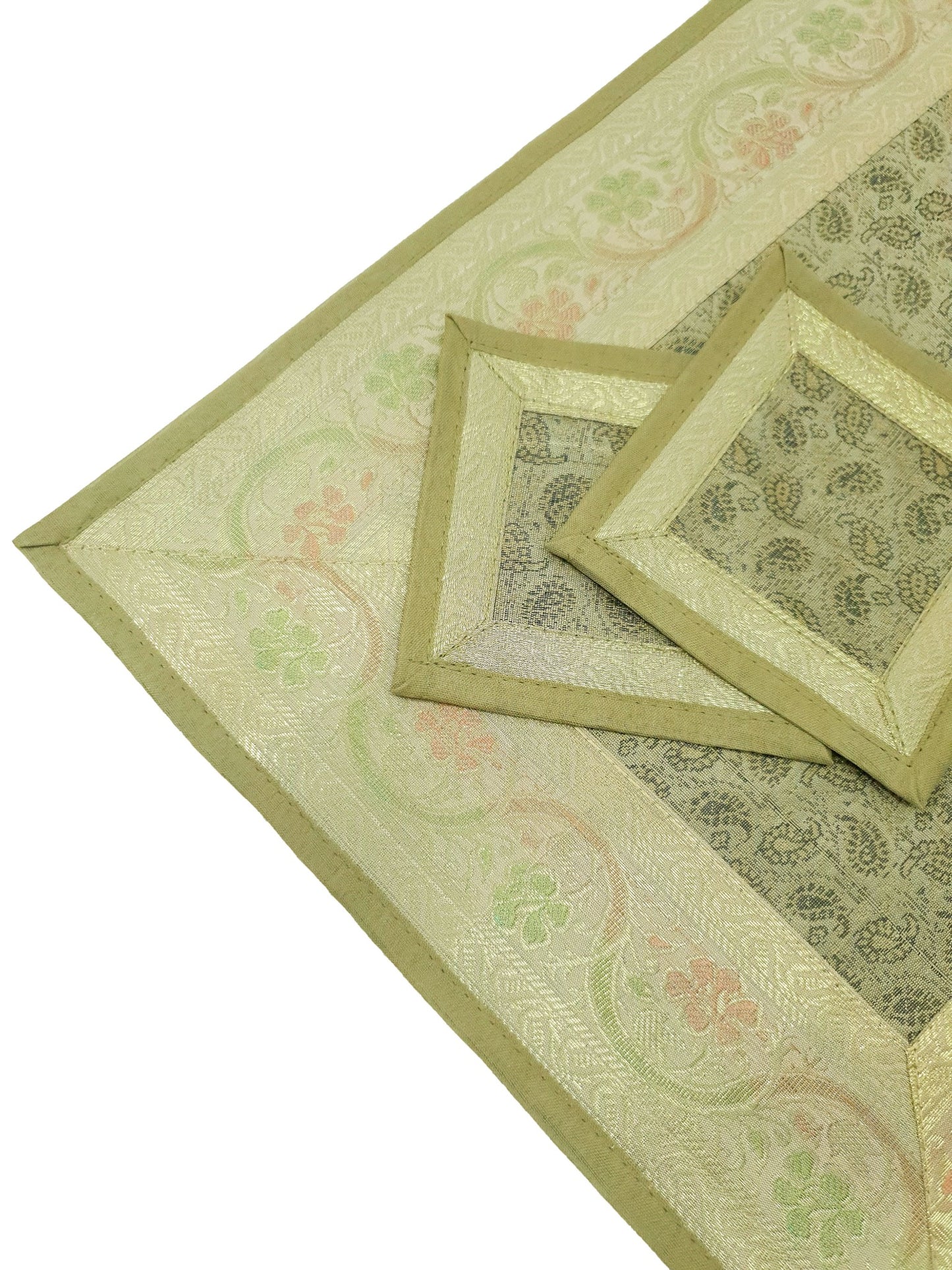 13 PC Table Runner Dining Indian Banarasi Silk Brocade Paisley Decor Khaki Color