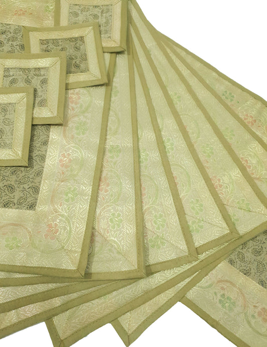 13 PC Table Runner Dining Indian Banarasi Silk Brocade Paisley Decor Khaki Color