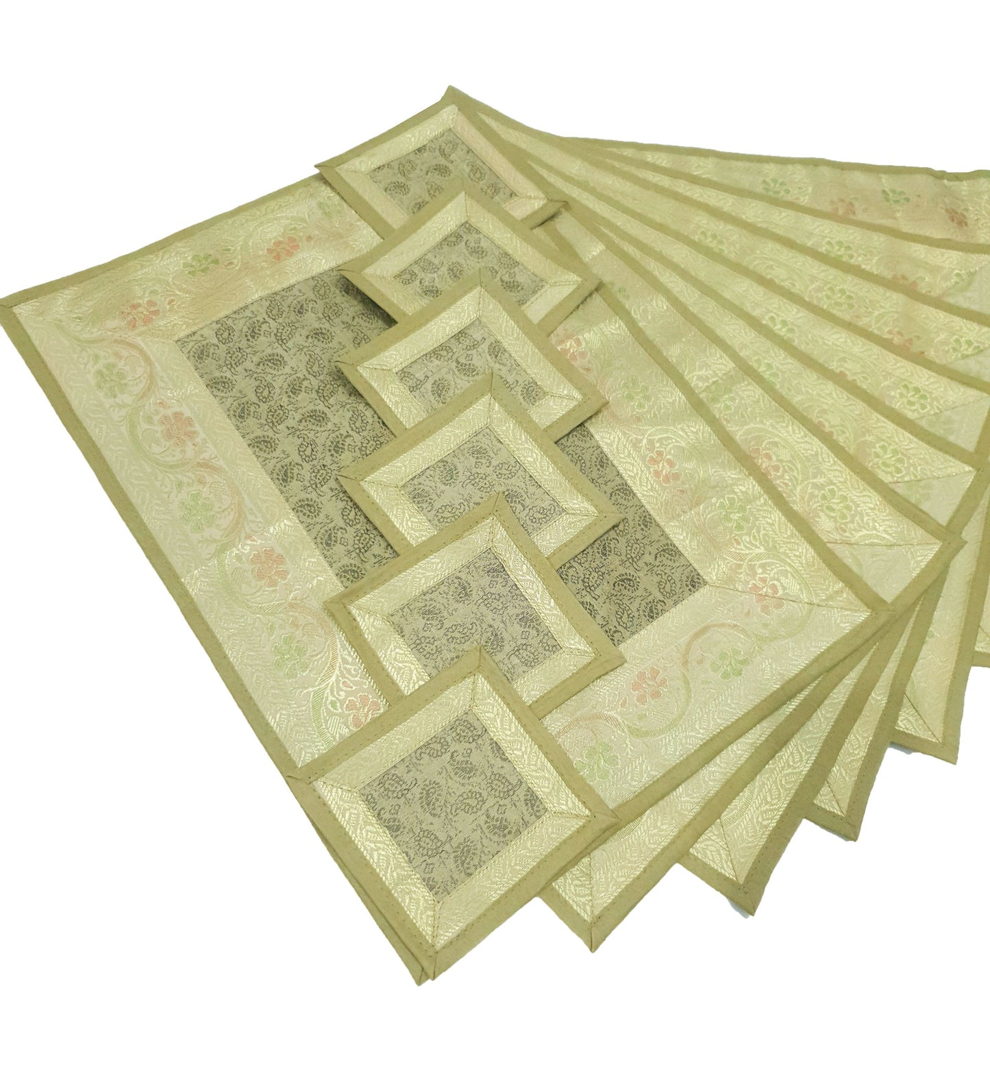 13 PC Table Runner Dining Indian Banarasi Silk Brocade Paisley Decor Khaki Color