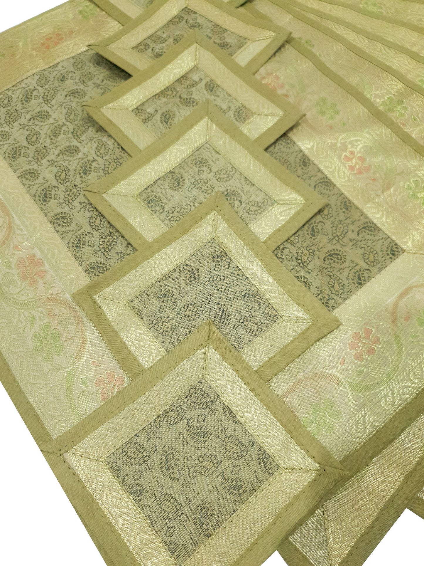 13 PC Table Runner Dining Indian Banarasi Silk Brocade Paisley Decor Khaki Color