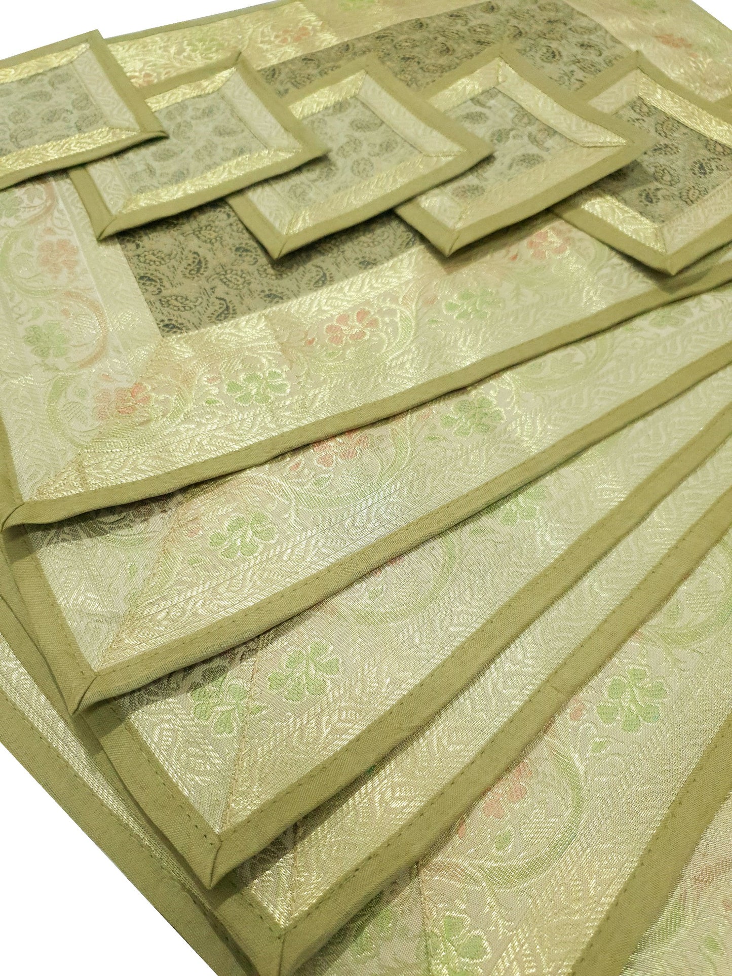 13 PC Table Runner Dining Indian Banarasi Silk Brocade Paisley Decor Khaki Color