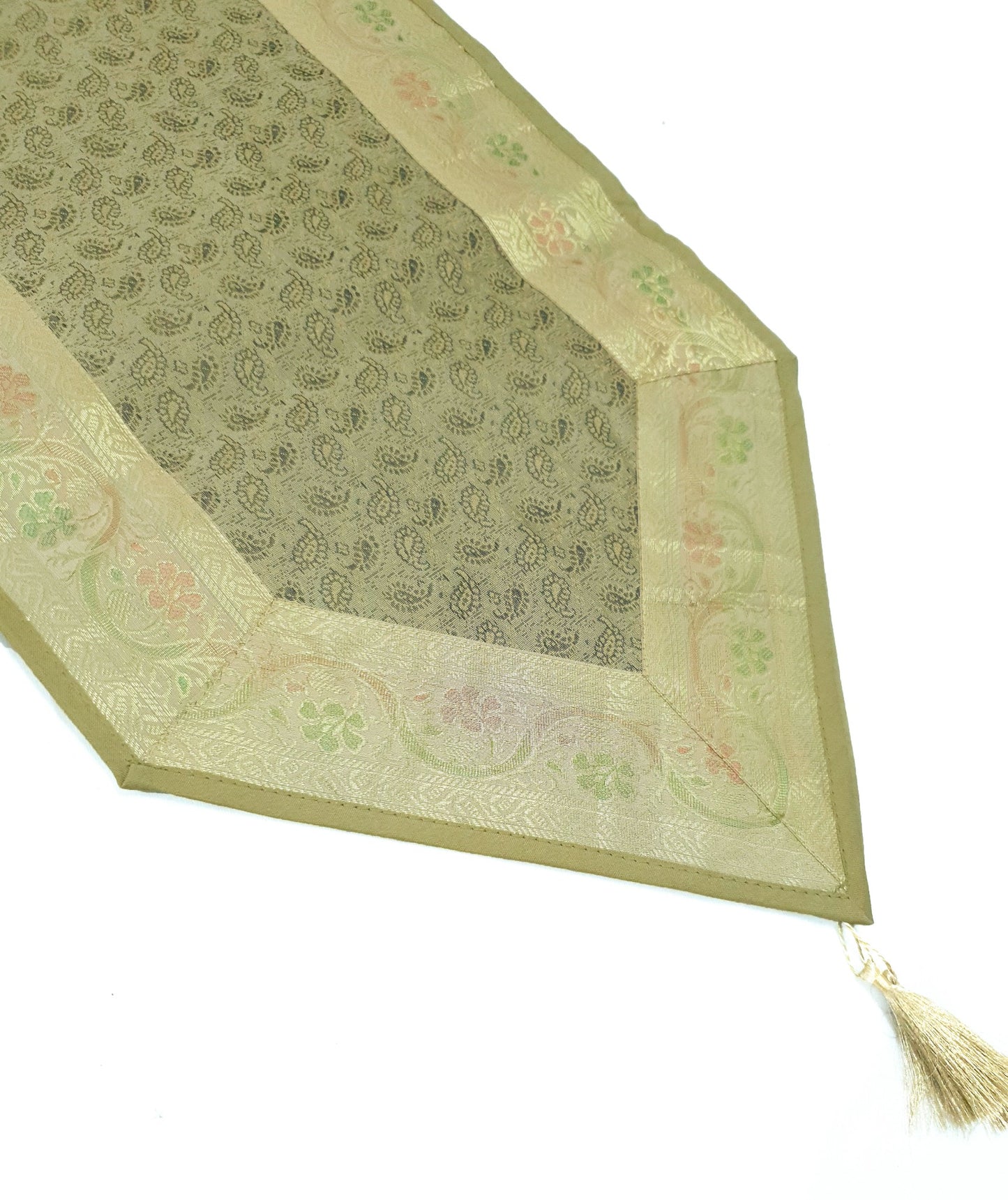 13 PC Table Runner Dining Indian Banarasi Silk Brocade Paisley Decor Khaki Color