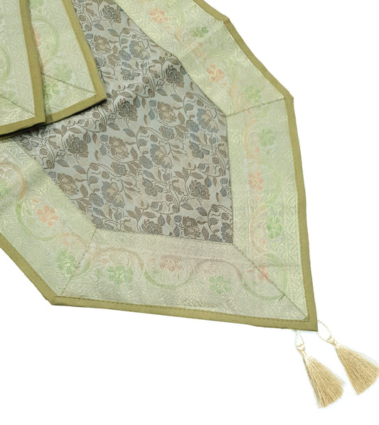 13PC Khaki Color Table Runner Dining Indian Banarasi Silk Brocade Floral Decor