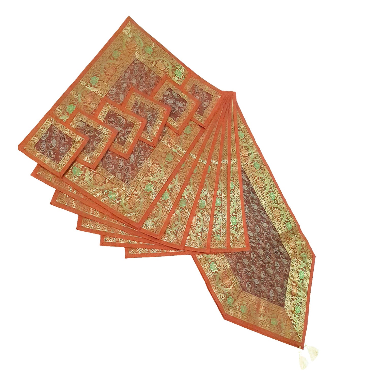 13 PC Banarasi Table Runner Rust Indian Silk Brocade Paisley Dining Decor Cloth