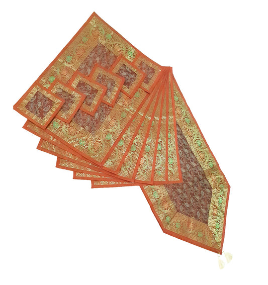 13 PC Banarasi Table Runner Rust Indian Silk Brocade Paisley Dining Decor Cloth