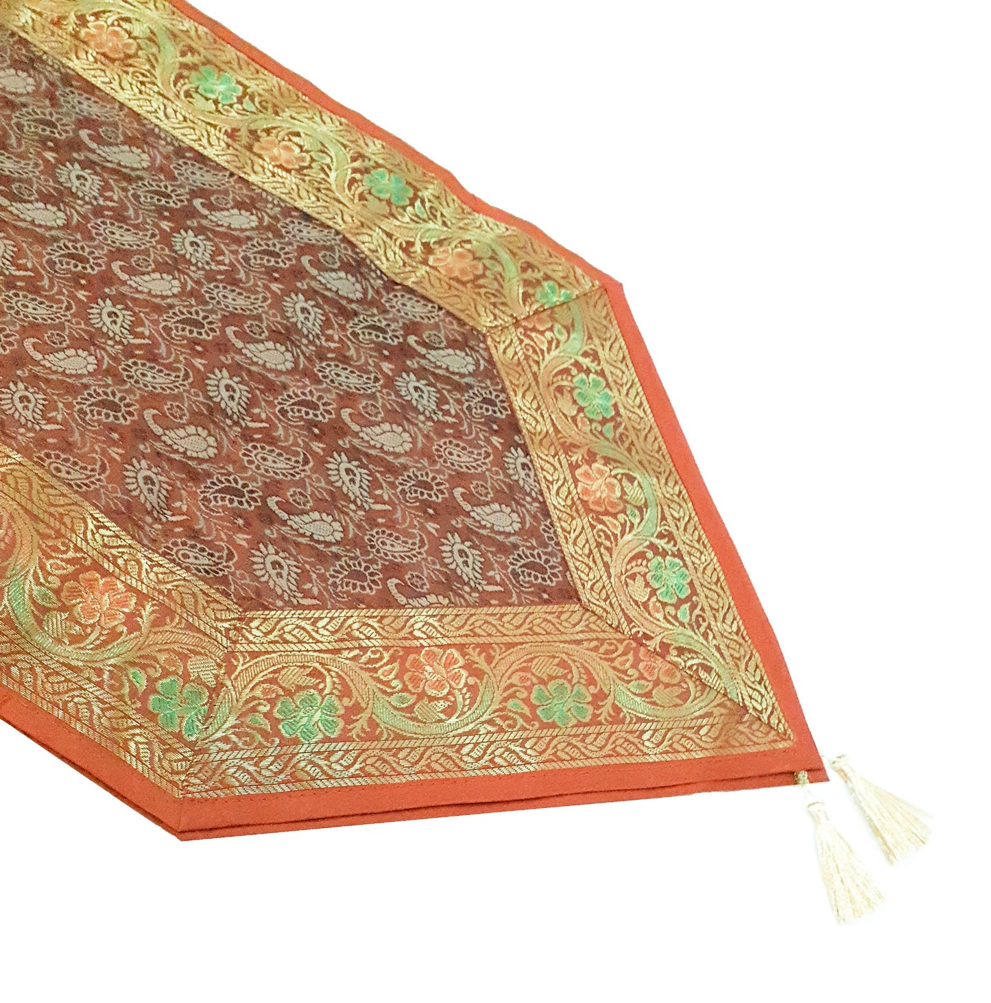 13 PC Banarasi Table Runner Rust Indian Silk Brocade Paisley Dining Decor Cloth